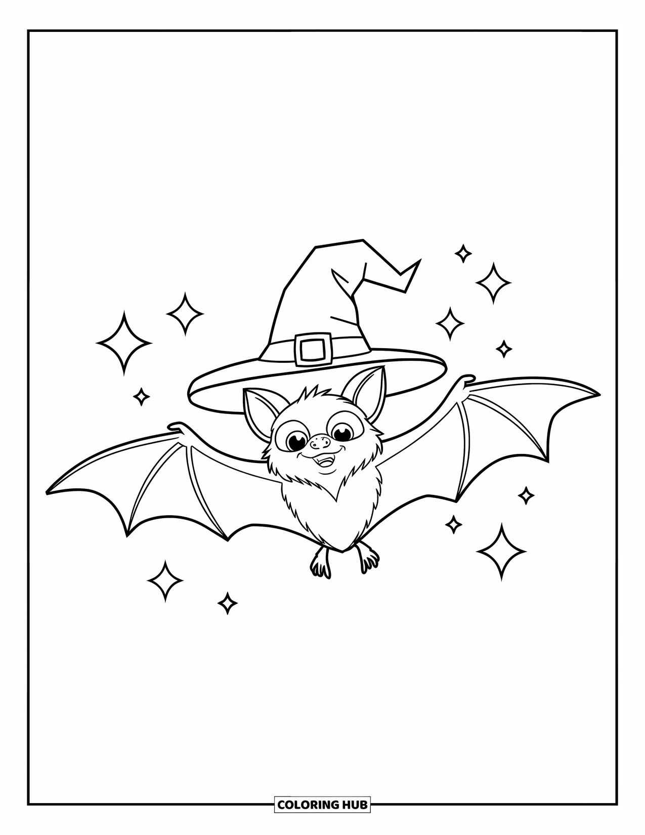 Halloween Bat Coloring Page for Kids: A bat with a witch hat flies past sparkles in the sky