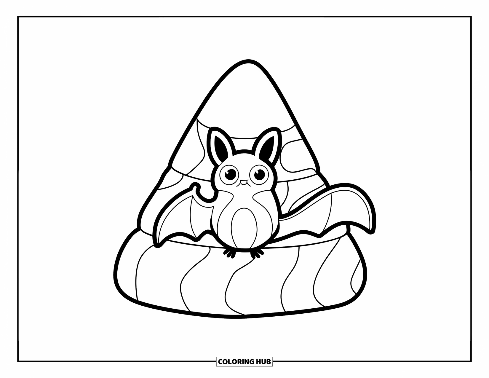 Halloween Bat Coloring Page for Kids: A bat with large eyes perches on patterned candy corn
