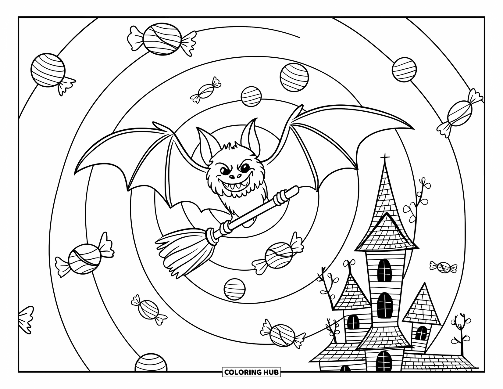 Halloween Bat Coloring Page for Kids: A bat with sharp teeth holds a broomstick near a haunted house and lanterns