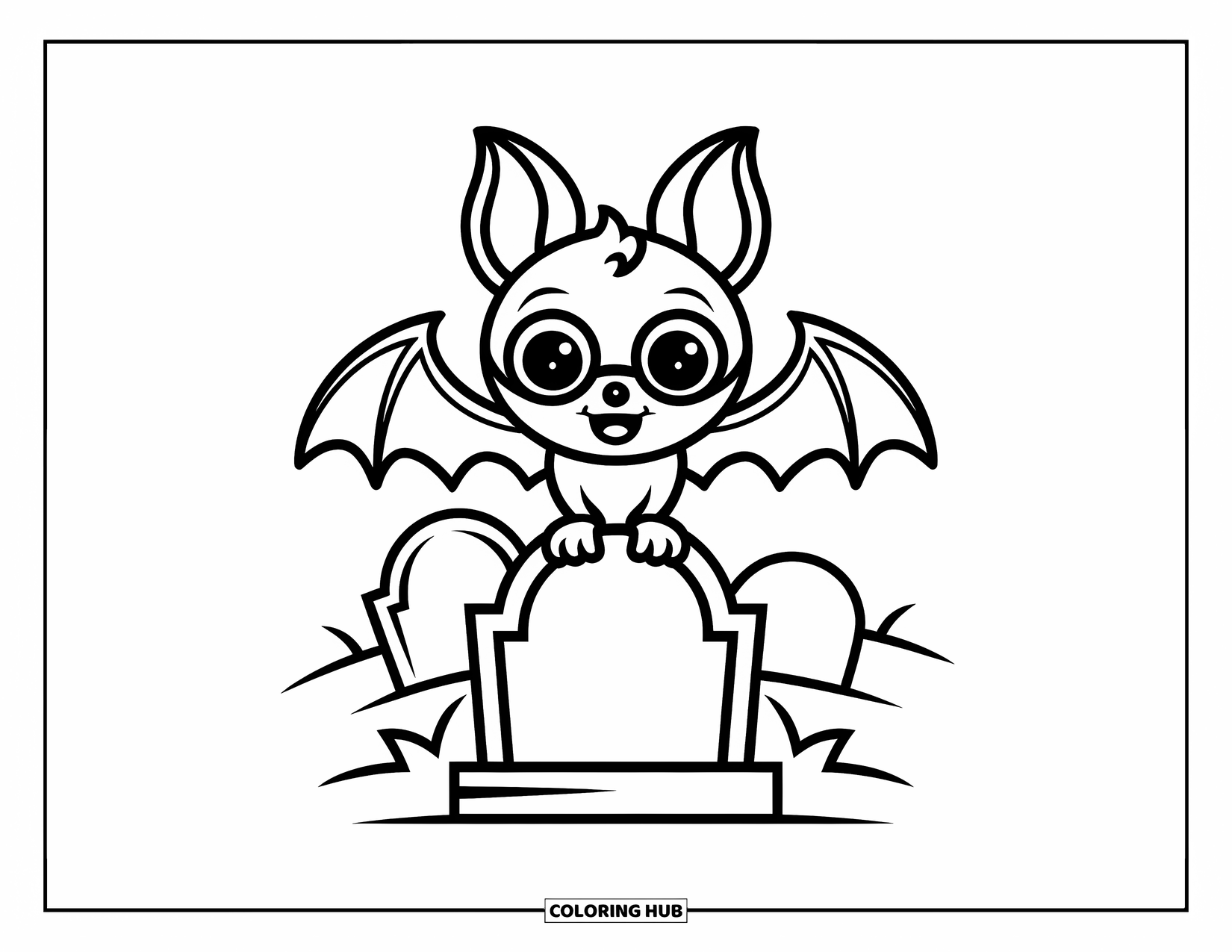 Halloween Bat Coloring Page for Kids: A cheerful bat perches on a gravestone with a big smile