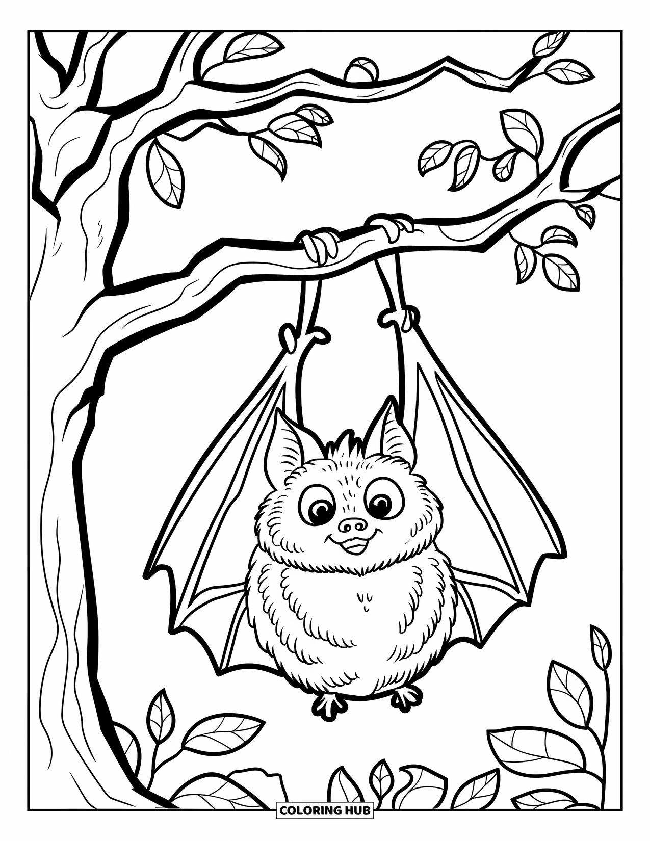 Halloween Bat Coloring Page for Kids: A chubby bat hangs upside down from a tree branch with a few leaves