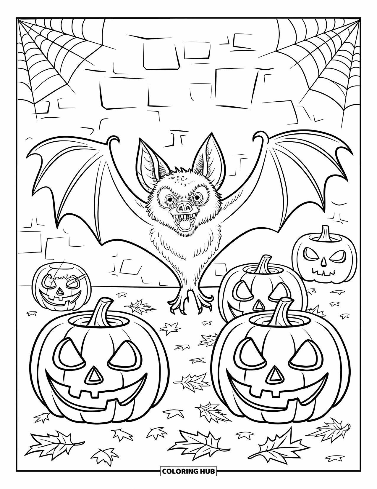 Halloween Bat Coloring Page for Kids: A creepy bat flies over pumpkins, spiders, and leaves near a stone wall