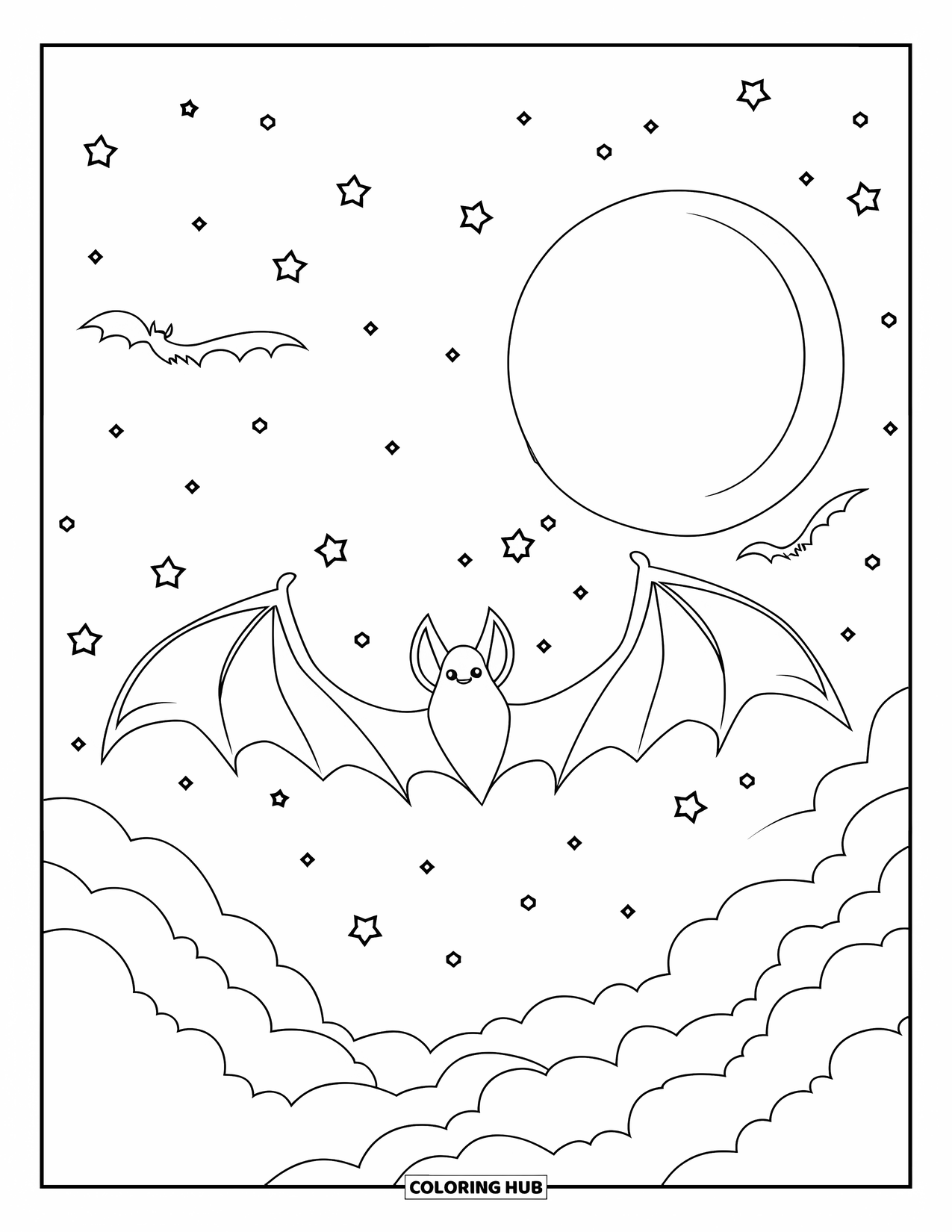 Halloween Bat Coloring Page for Kids: A dramatic bat silhouette flies over a full moon and starry Halloween sky