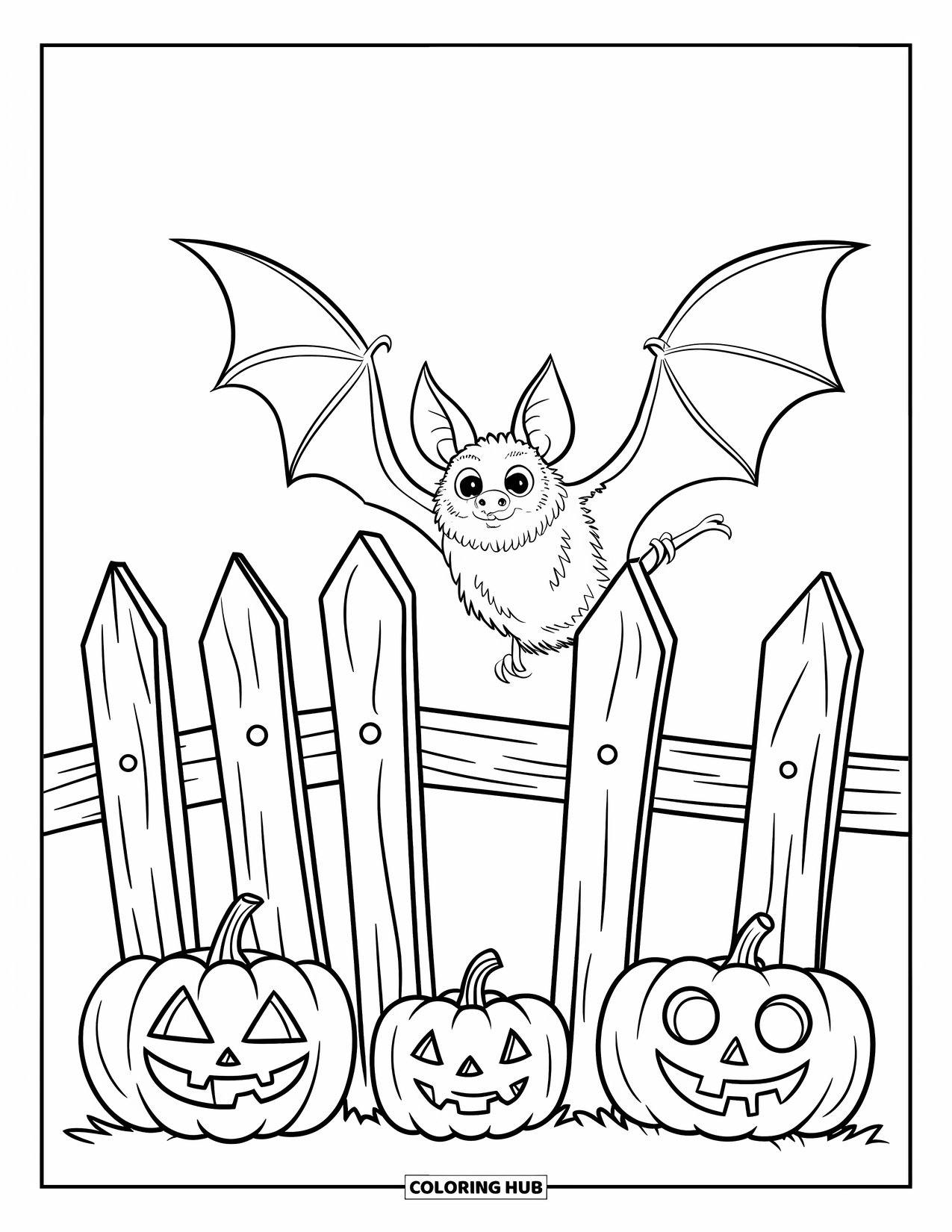 Halloween Bat Coloring Page for Kids: A spooky bat sits on a crooked fence with glowing pumpkins beneath