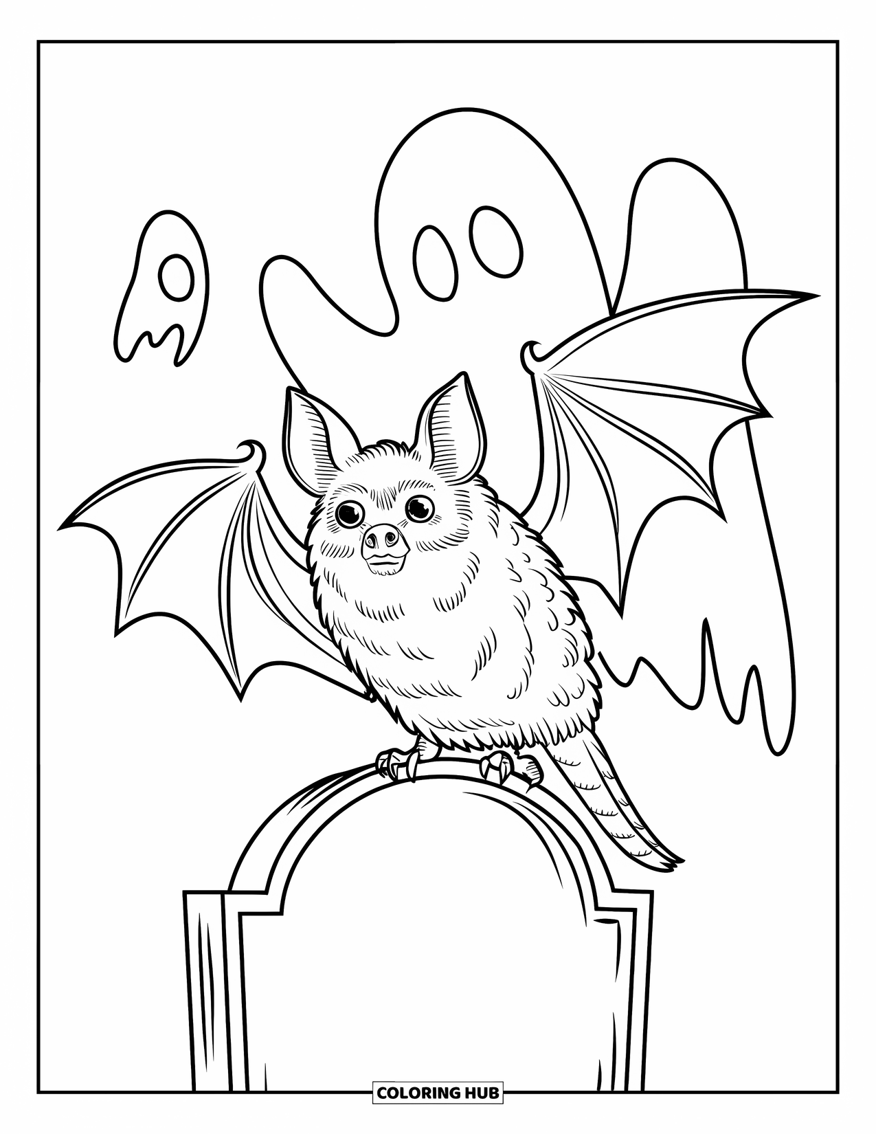 Halloween Bat Coloring Page for Kids: A spooky bat sits on a tombstone while ghost figures drift in the sky