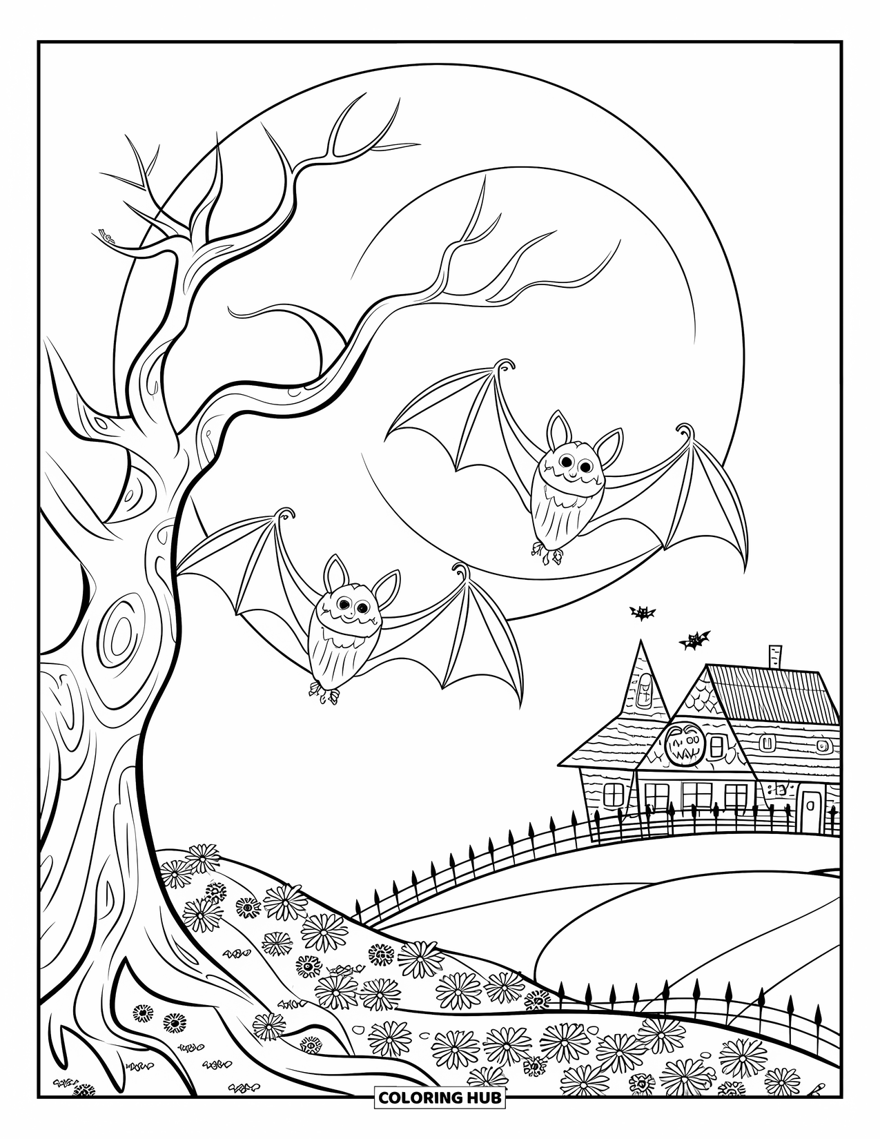 Halloween Bat Coloring Page for Kids: Bats circle a twisted tree on a hill with glowing moonlight