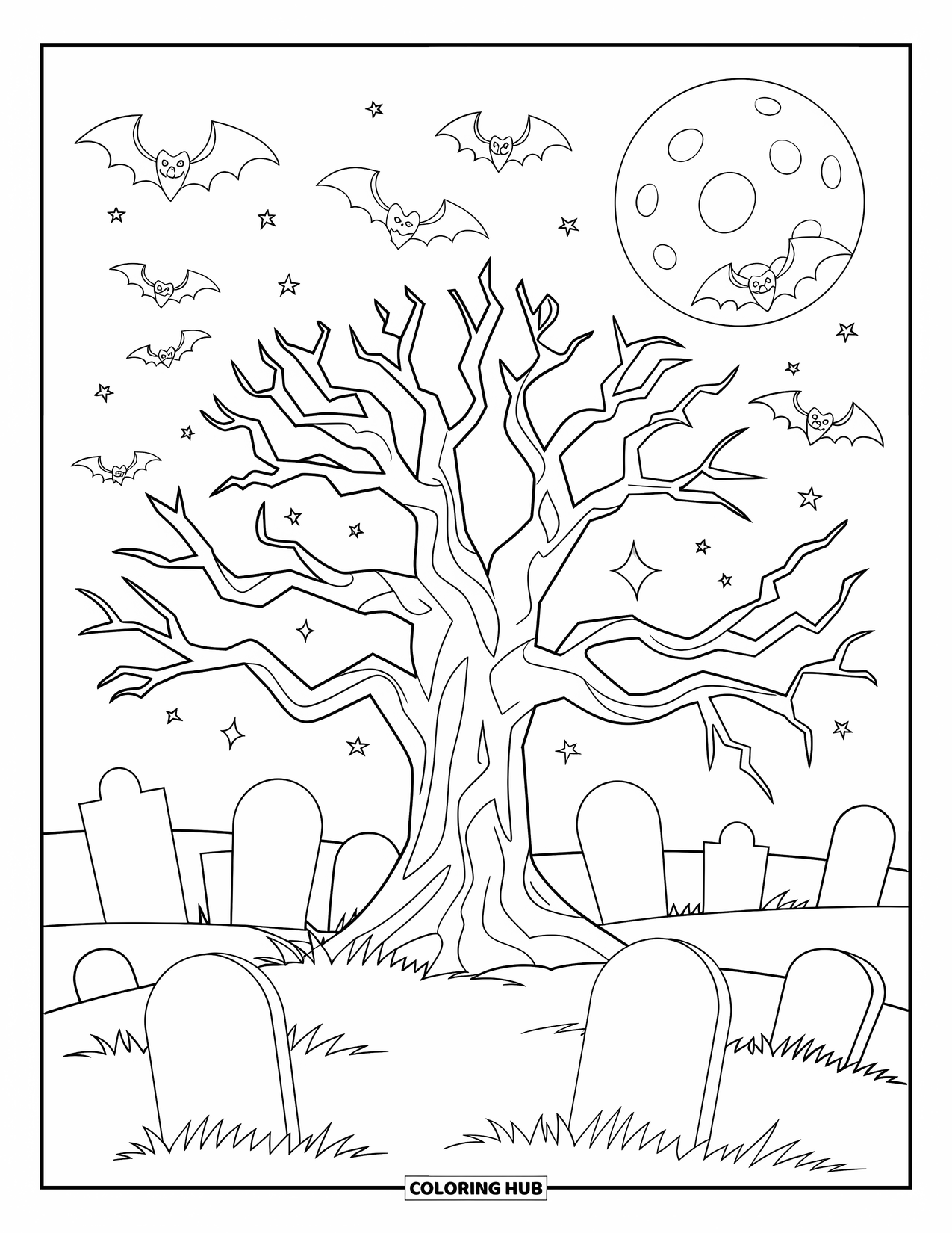Halloween Bat Coloring Page for Kids: Bats fly around a spooky tree and full moon in a graveyard