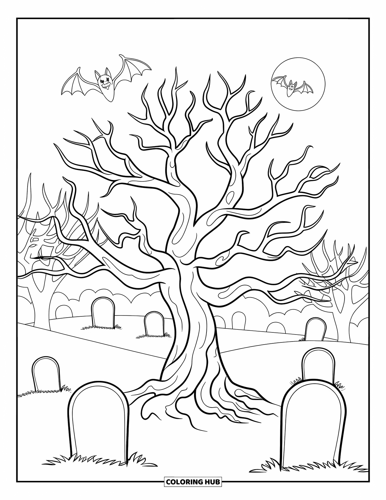 Halloween Bat Coloring Page for Kids: Two bats circle a twisted tree with tombstones and swirling fog