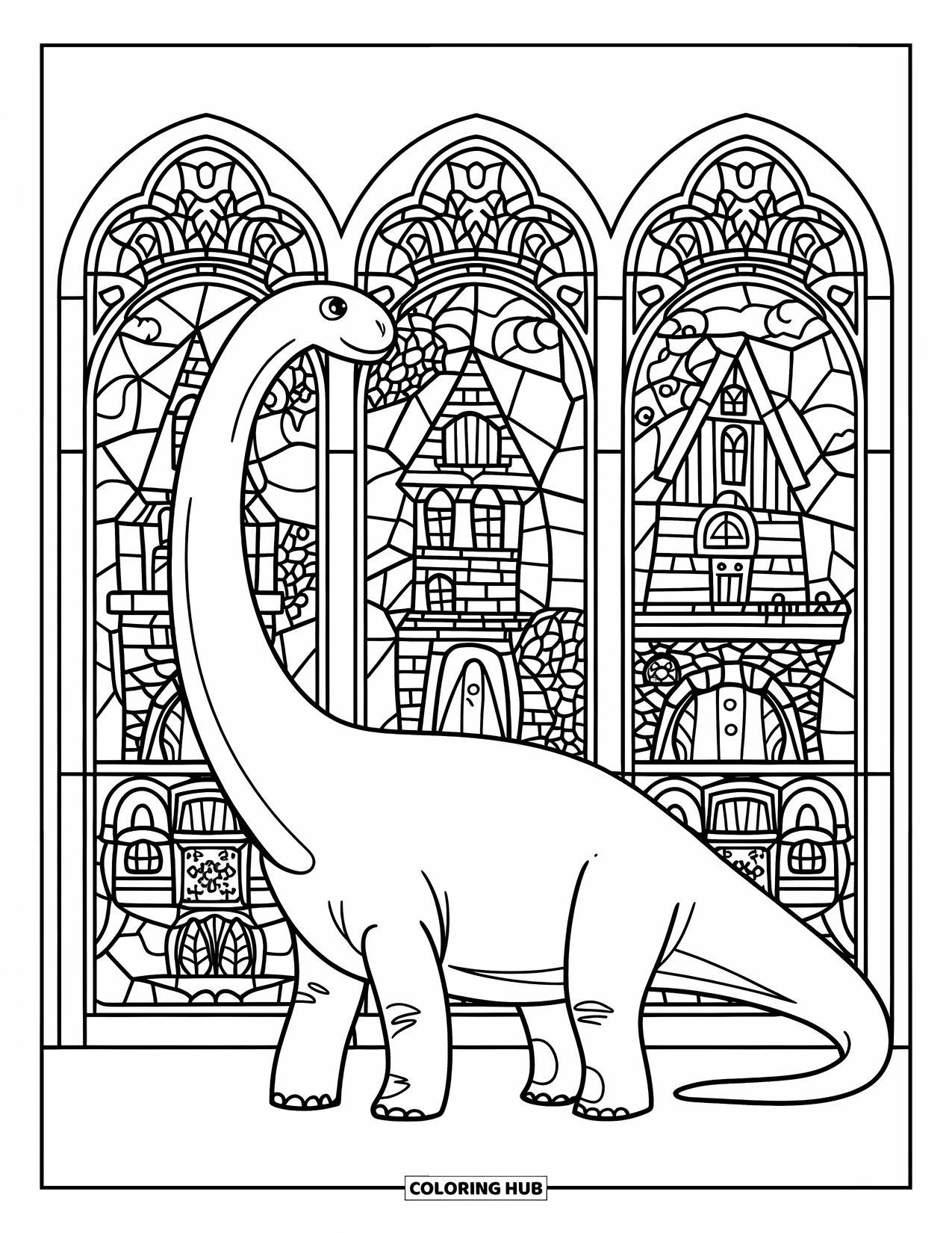 Halloween Dinosaur Coloring Page for Adults: A Brachiosaurus strolls beneath stained glass arches featuring haunted houses and Halloween details