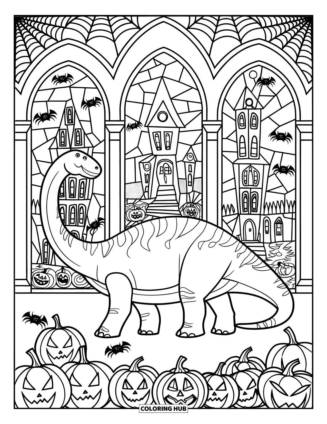Halloween Dinosaur Coloring Page for Adults: A Brachiosaurus walks under stained glass arches surrounded by pumpkins, spiders, and bats
