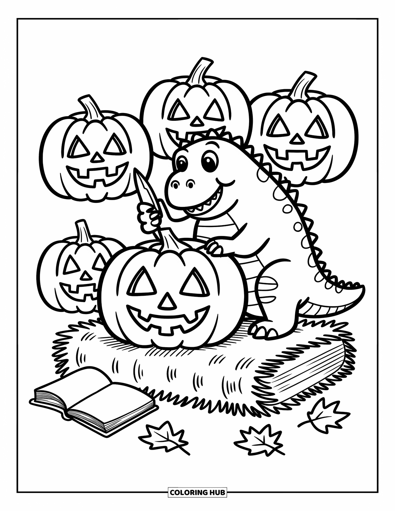 Halloween Dinosaur Coloring Page for Adults: A cute dinosaur carves a pumpkin with a book of face ideas and falling leaves