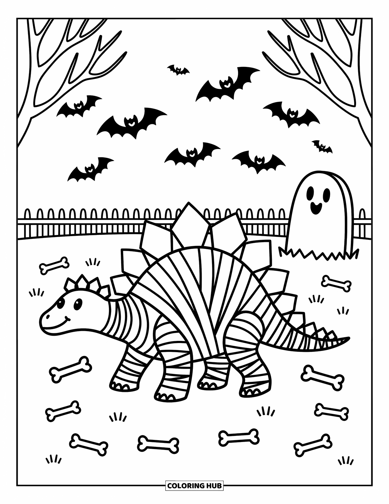 Halloween Dinosaur Coloring Page for Adults: A cute mummy stegosaurus strolls through a graveyard with bats, bones, and a ghost friend