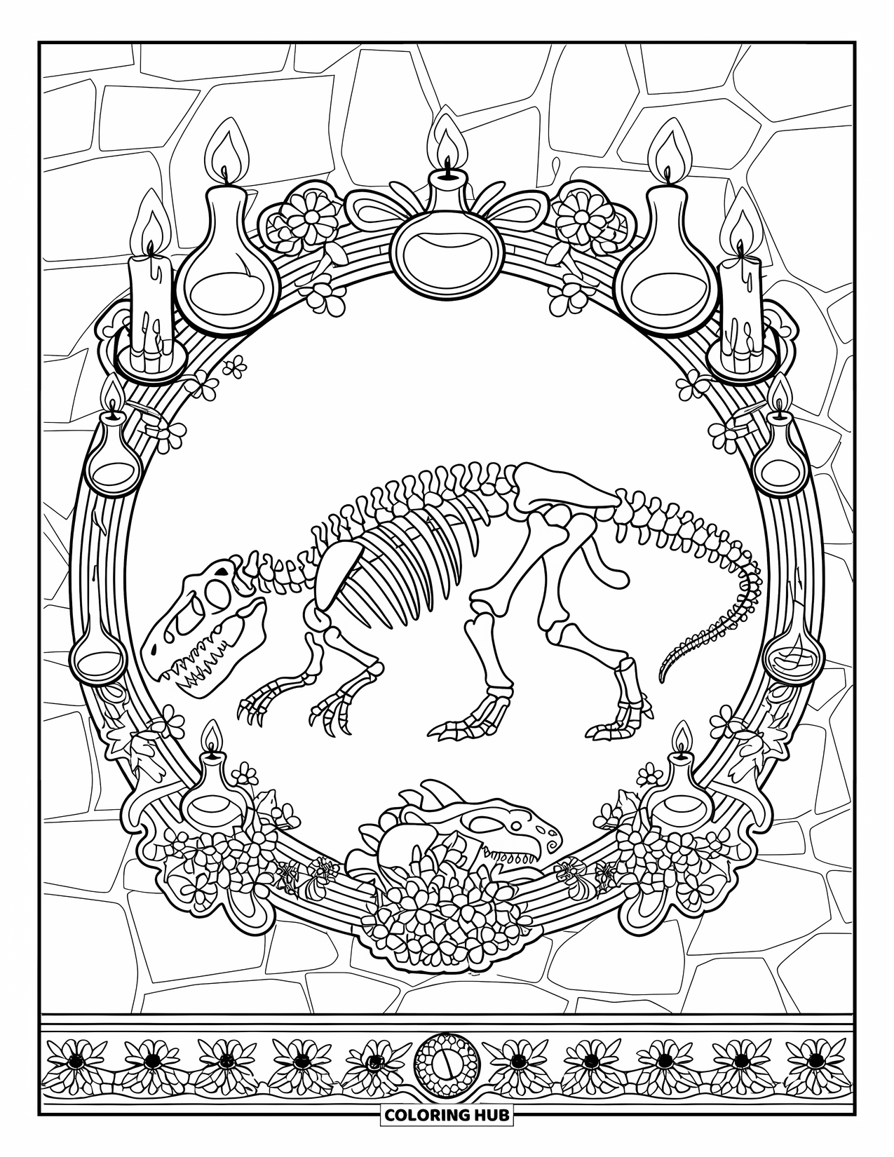 Halloween Dinosaur Coloring Page for Adults: A dinosaur skeleton is surrounded by potions, candles, and flowers with a stone wall behind