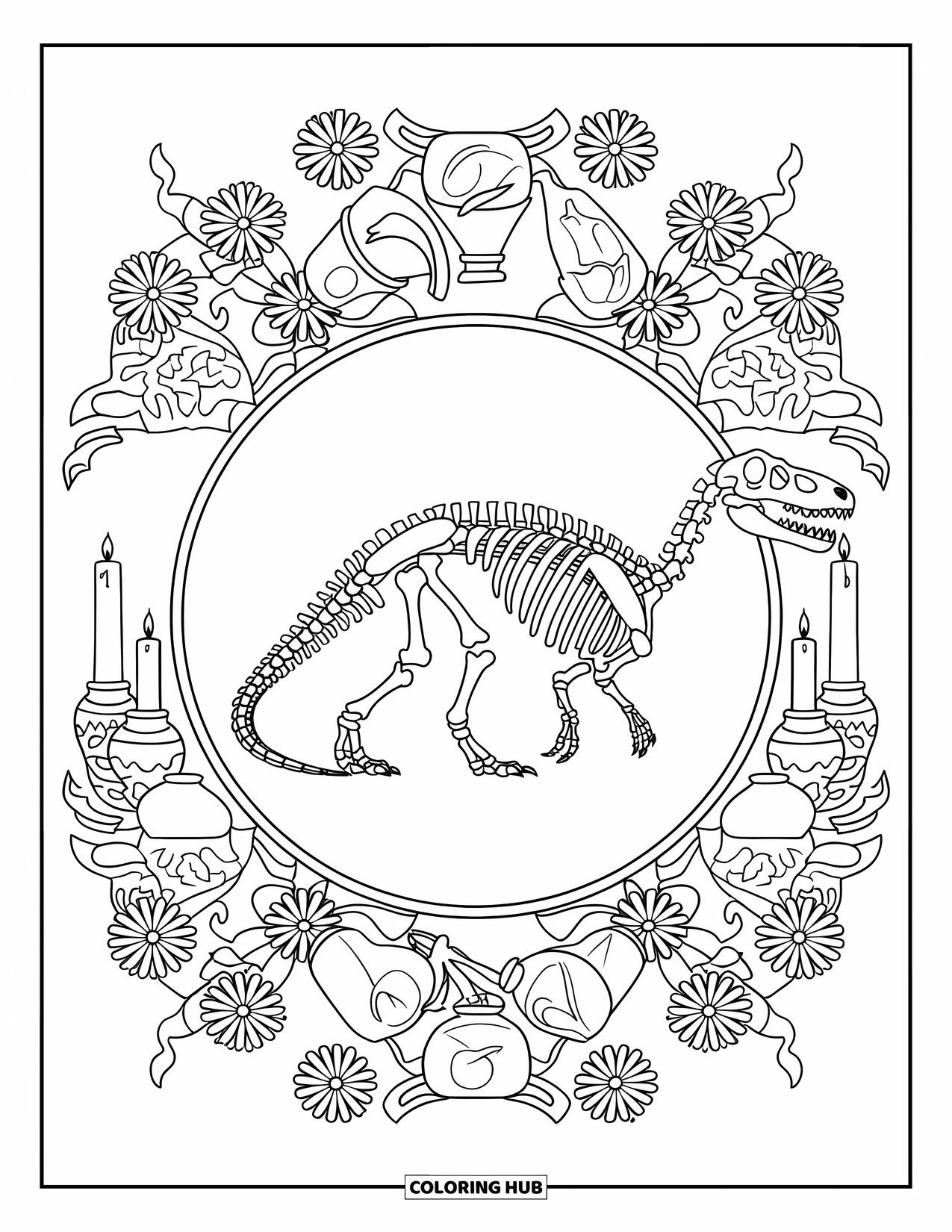 Halloween Dinosaur Coloring Page for Adults: A dinosaur skeleton rests in the center with potions, candles, and flowers all around