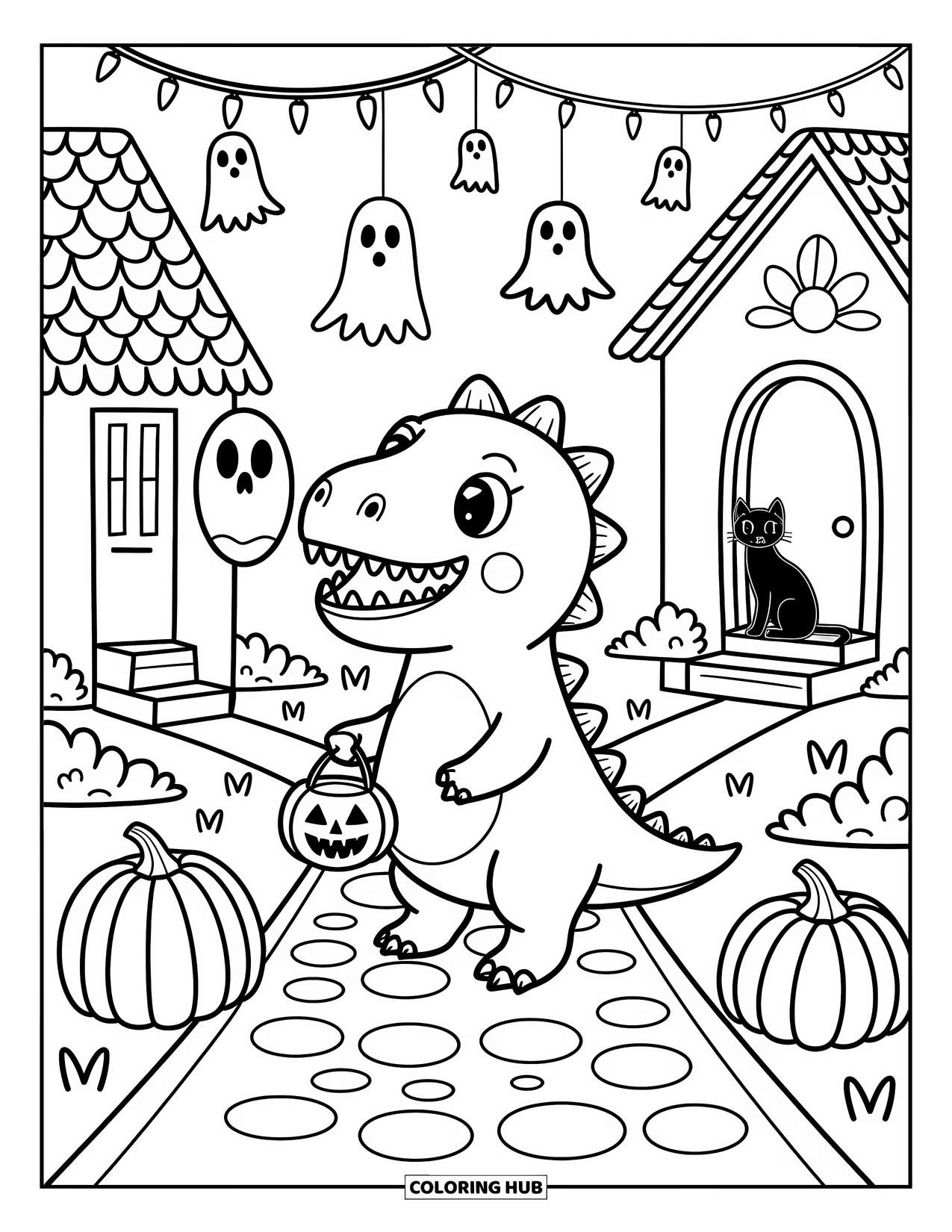 Halloween Dinosaur Coloring Page for Adults: A happy dinosaur in a pumpkin costume walks along a cozy path lit by Halloween lights