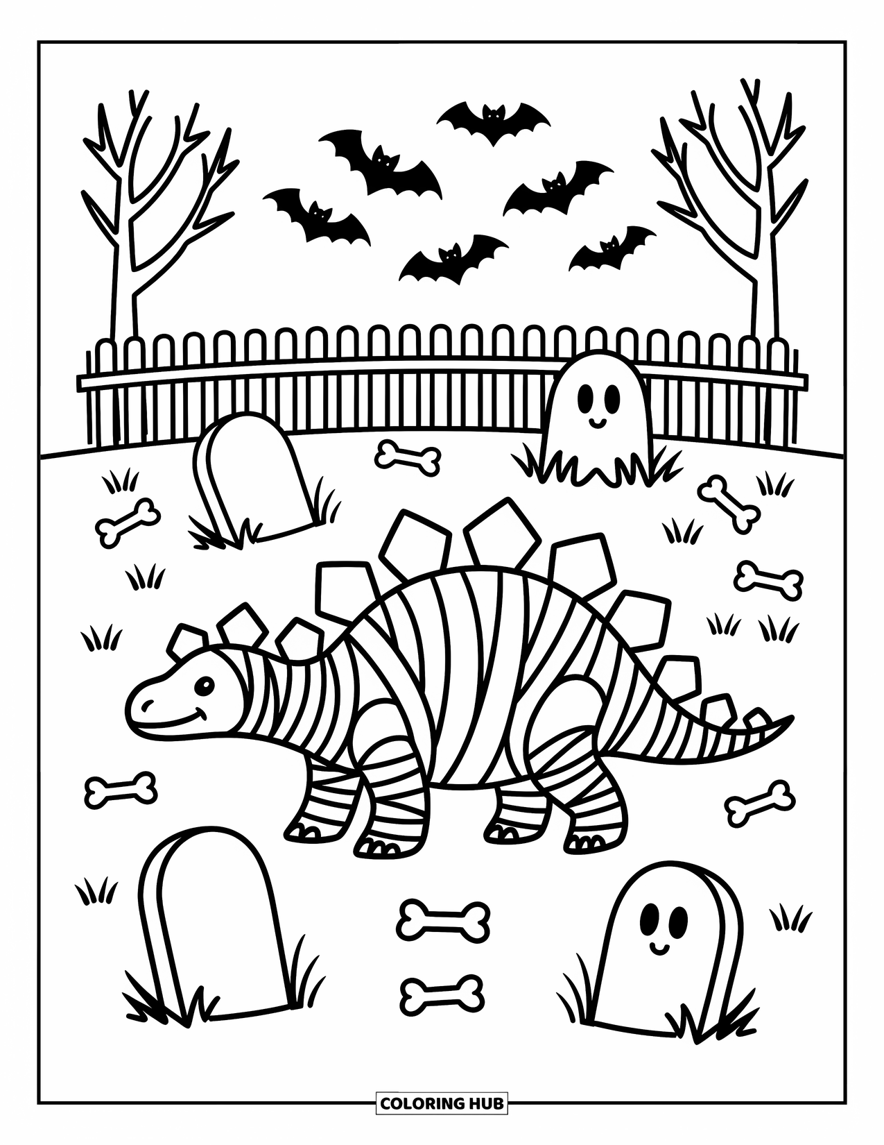 Halloween Dinosaur Coloring Page for Adults: A mummy-wrapped stegosaurus walks through a graveyard with bats, bones, and a peekaboo ghost