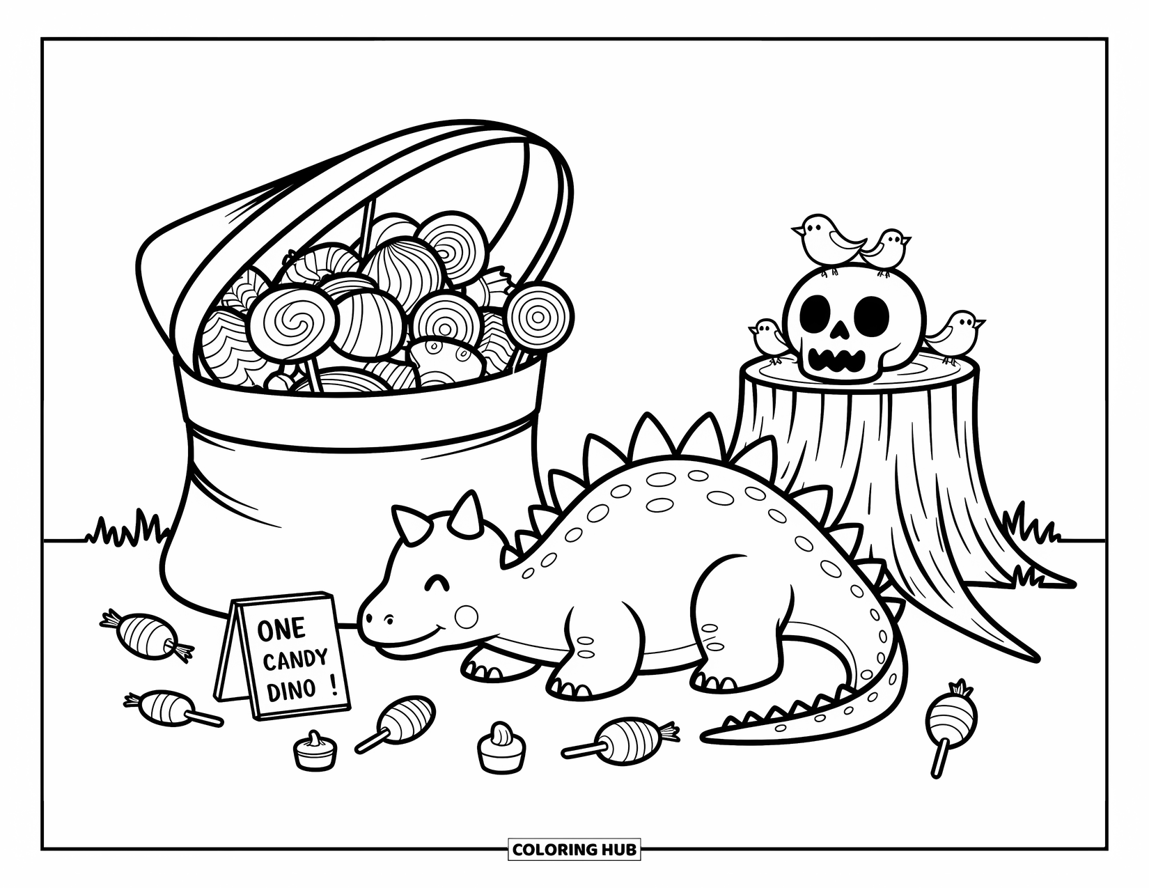 Halloween Dinosaur Coloring Page for Adults: A peaceful ankylosaurus sits beside a full candy bag and a skull-shaped bucket