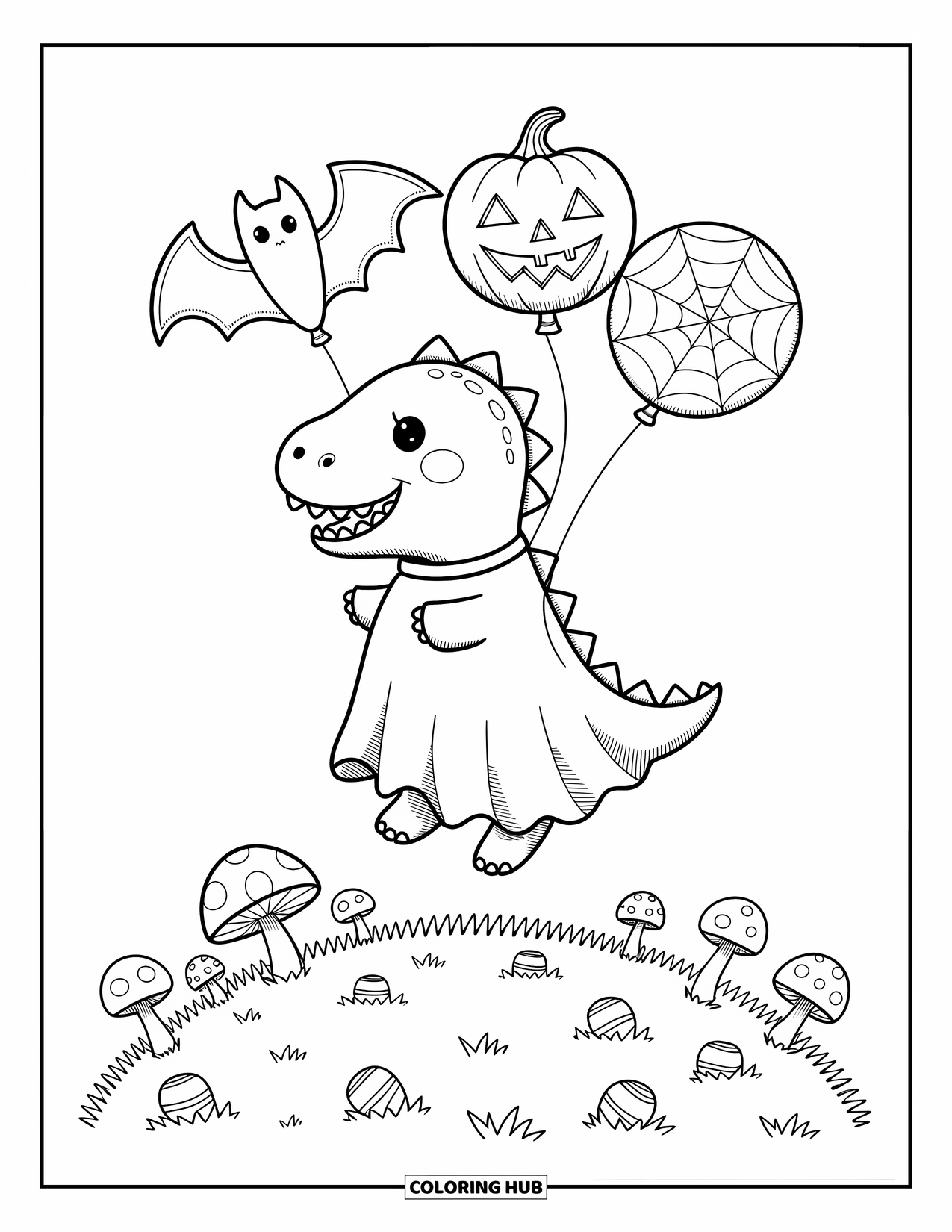 Halloween Dinosaur Coloring Page for Adults: A playful dinosaur dressed as a ghost floats with Halloween balloons over a grassy hill