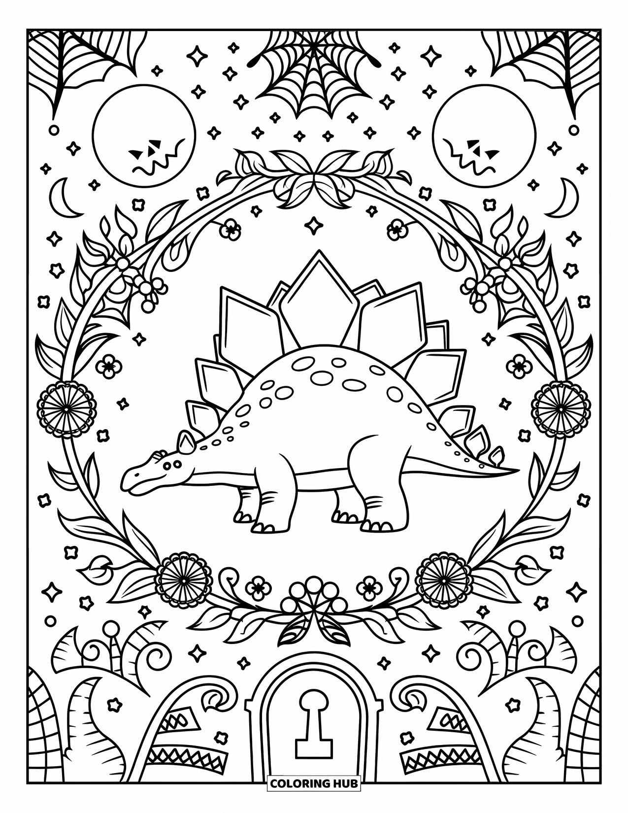 Halloween Dinosaur Coloring Page for Adults: A Stegosaurus is surrounded by floral patterns, moons, and spooky gravestones