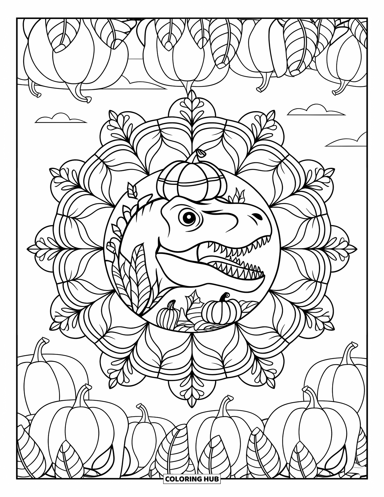 Halloween Dinosaur Coloring Page for Adults: A T-Rex head wearing a pumpkin hat is framed by a mandala of pumpkins and leaves