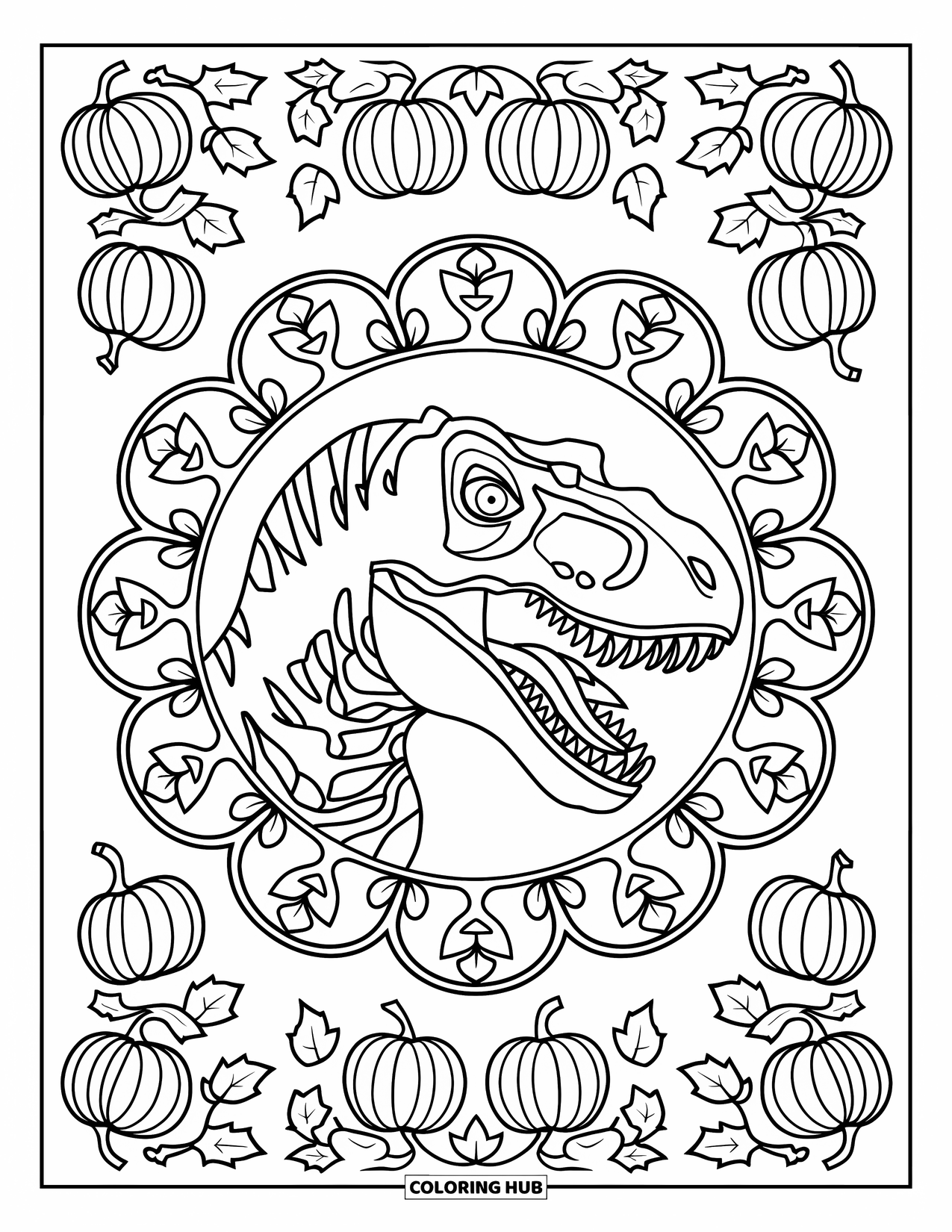 Halloween Dinosaur Coloring Page for Adults: A T-Rex head with sharp teeth is surrounded by pumpkins, vines, and leafy mandala patterns