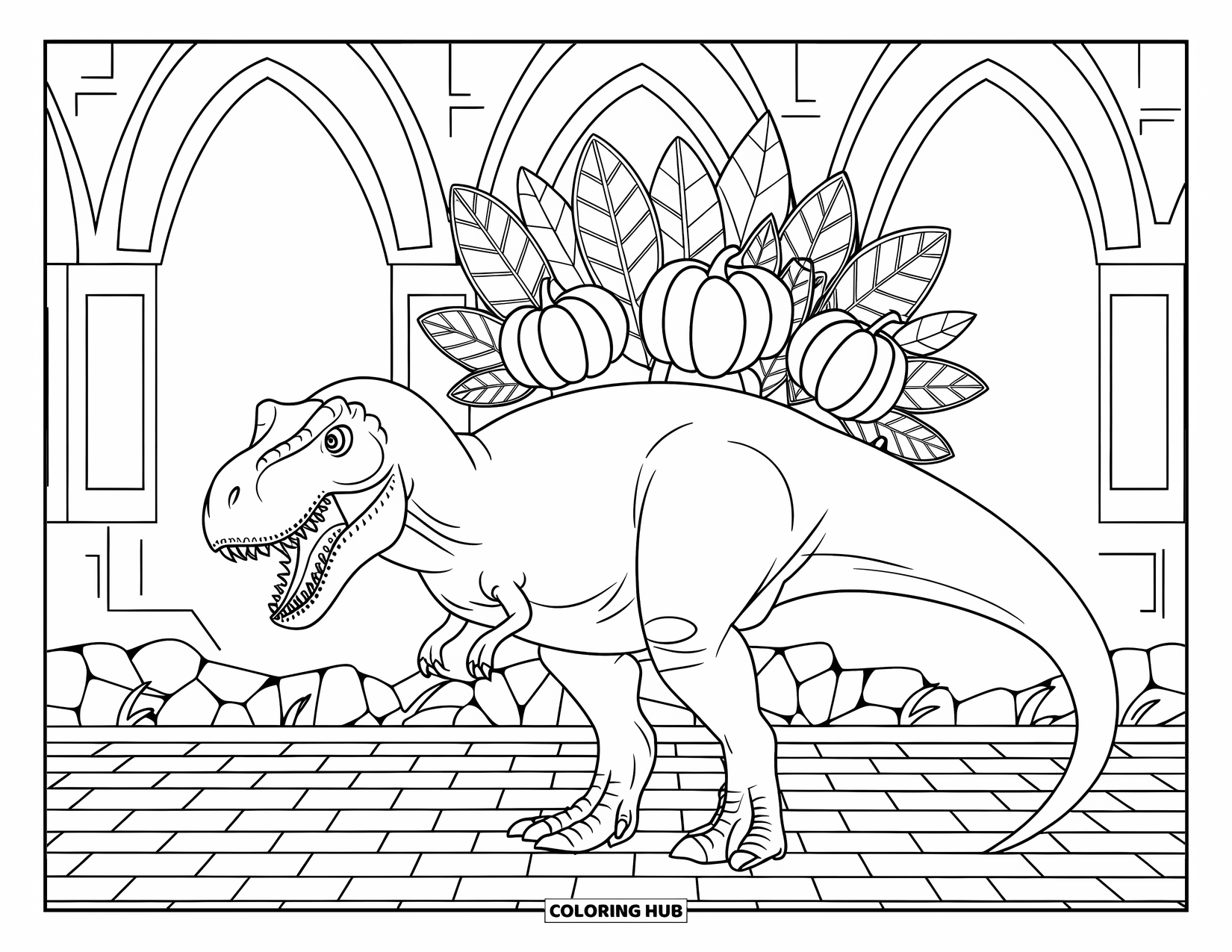 Halloween Dinosaur Coloring Page for Adults: A T-Rex stands on a brick path framed by pumpkins, leaves, and a gothic archway