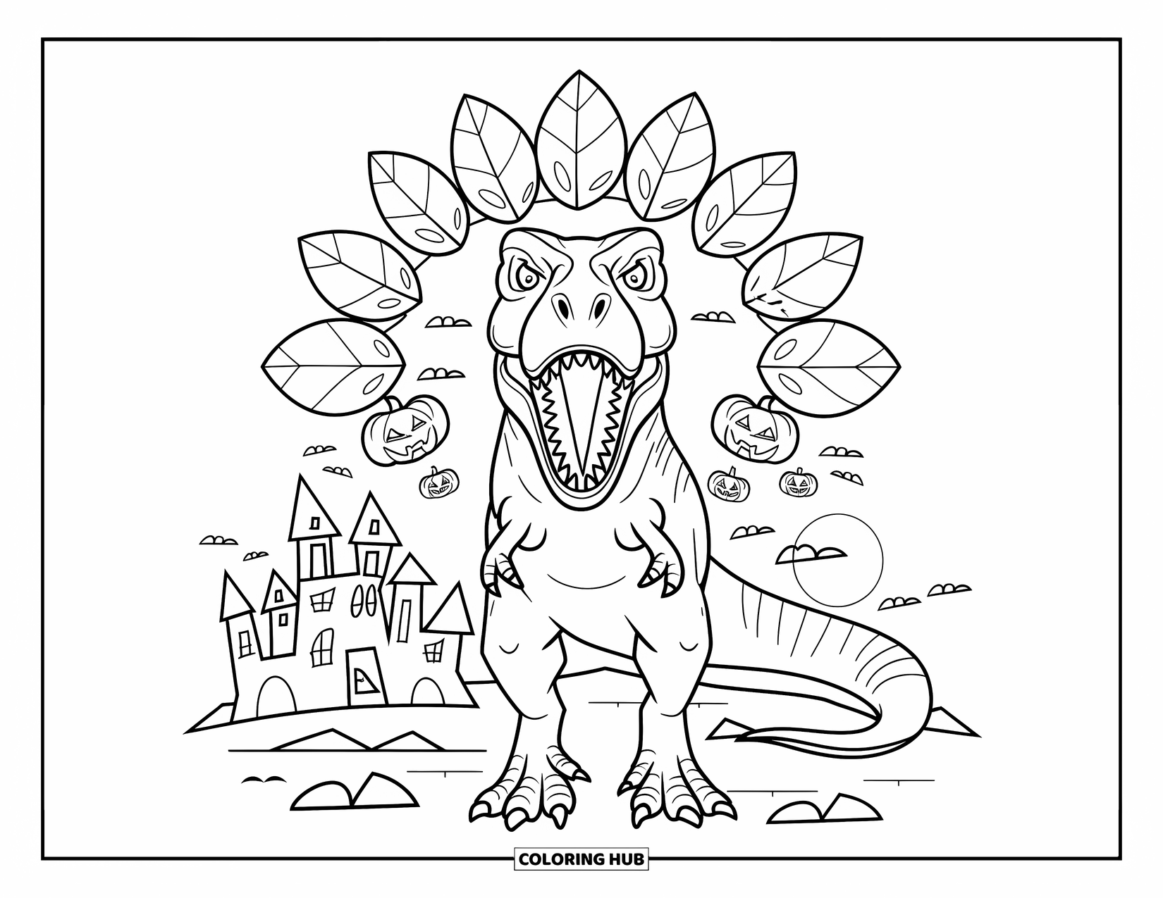Halloween Dinosaur Coloring Page for Adults: A T-Rex stands on rocky ground with a pumpkin halo and a haunted castle behind it