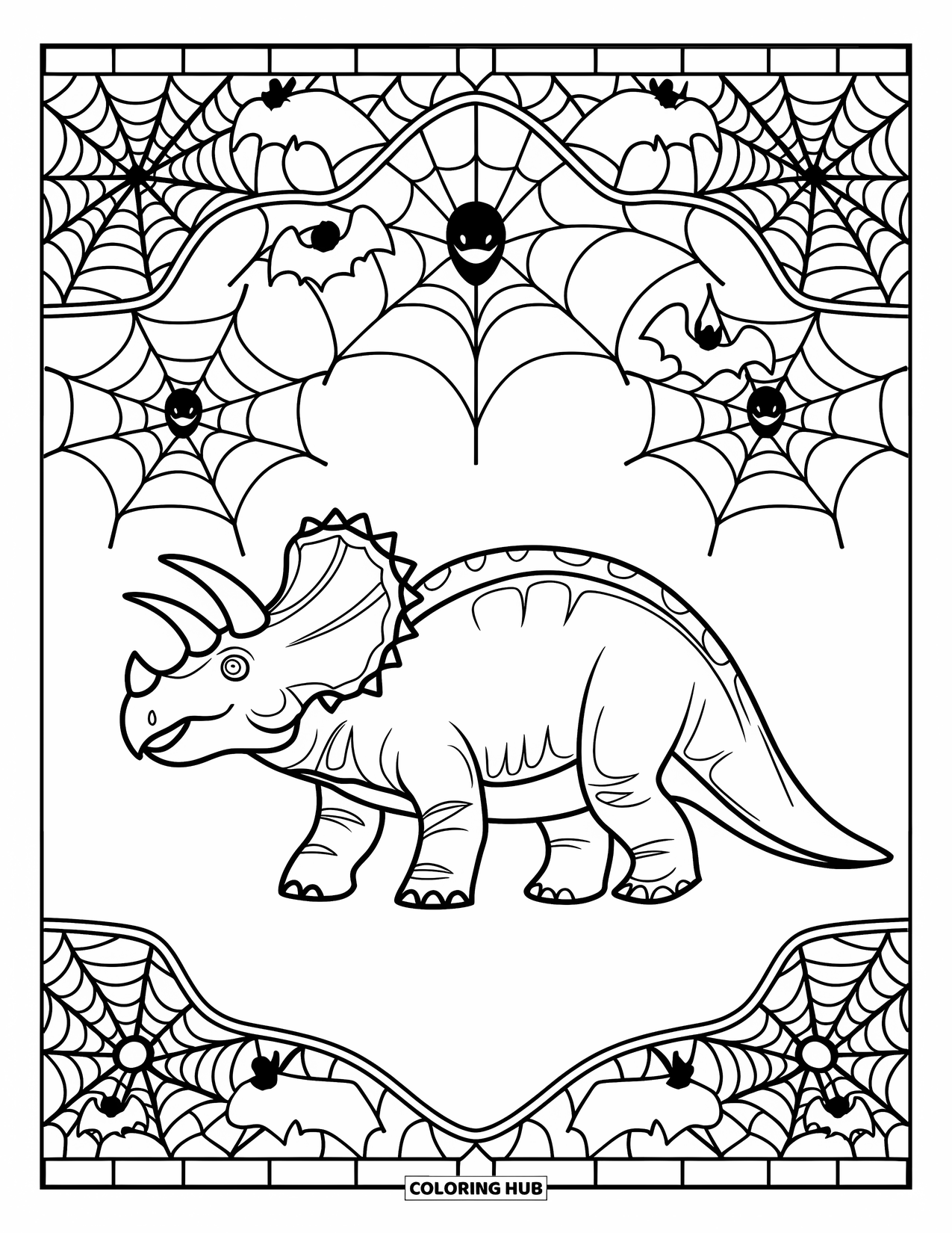Halloween Dinosaur Coloring Page for Adults: A Triceratops is framed by stained glass spider webs and bat details