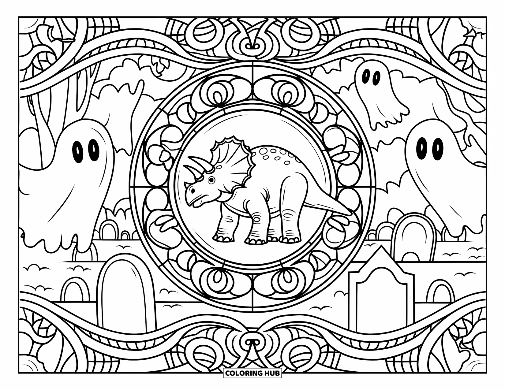 Halloween Dinosaur Coloring Page for Adults: A Triceratops stands in a stained glass frame with ghosts and a graveyard around it