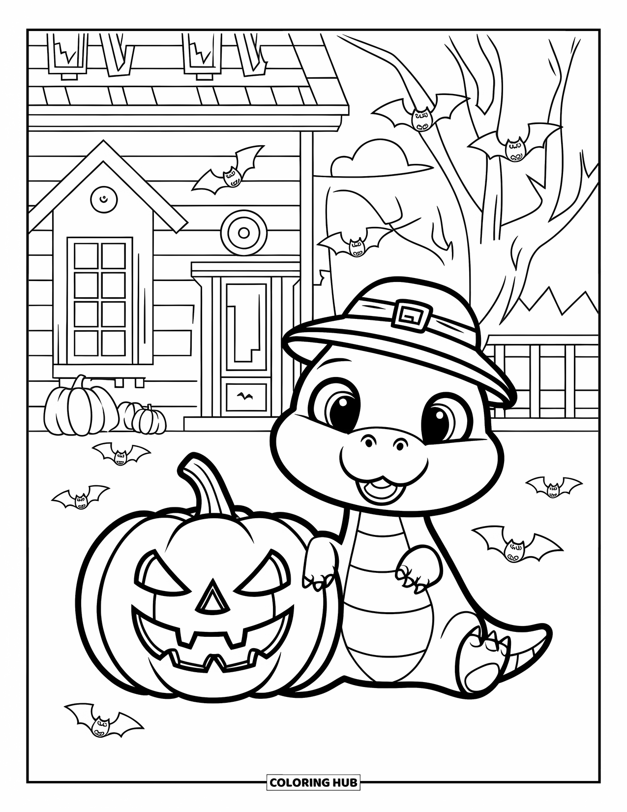 Halloween Dinosaur Coloring Page for Kids: A baby T-Rex in a tiny hat sits beside a large pumpkin