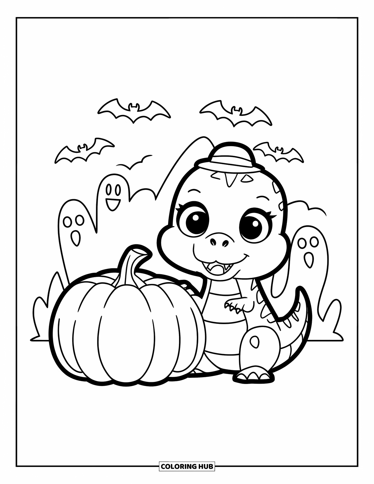 Halloween Dinosaur Coloring Page for Kids: A baby T-Rex sits next to a pumpkin near bats and ghosts