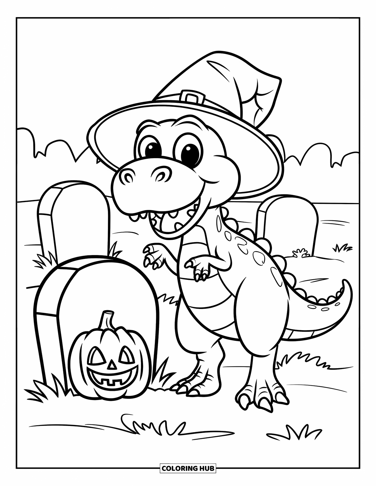 Halloween Dinosaur Coloring Page for Kids: A cheerful dino in a hat stands by a gravestone in a cemetery