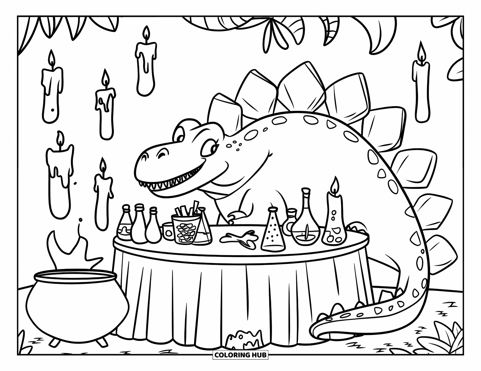 Halloween Dinosaur Coloring Page for Kids: A cheerful Stegosaurus mixes potions beside floating candles and a bubbling cauldron