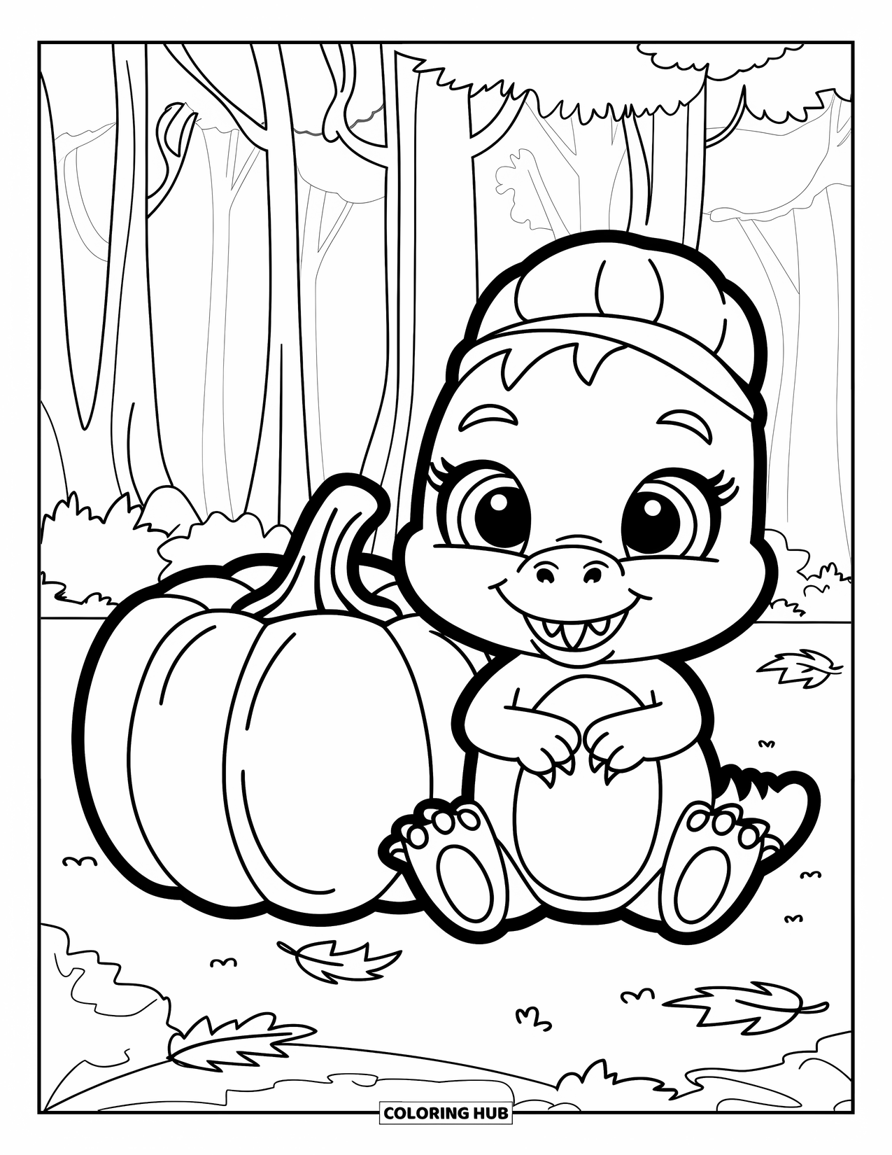 Halloween Dinosaur Coloring Page for Kids: A cute baby T-Rex sits by a pumpkin with fallen leaves and trees