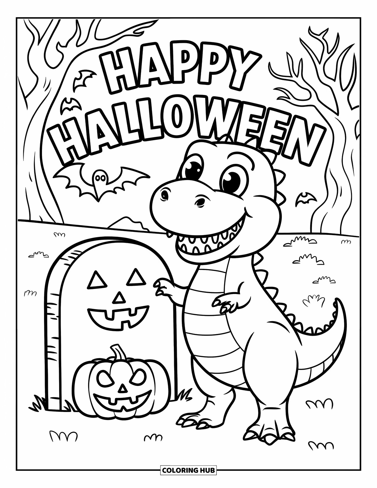 Halloween Dinosaur Coloring Page for Kids: A dino smiles beside a gravestone and pumpkin with "Happy Halloween" text