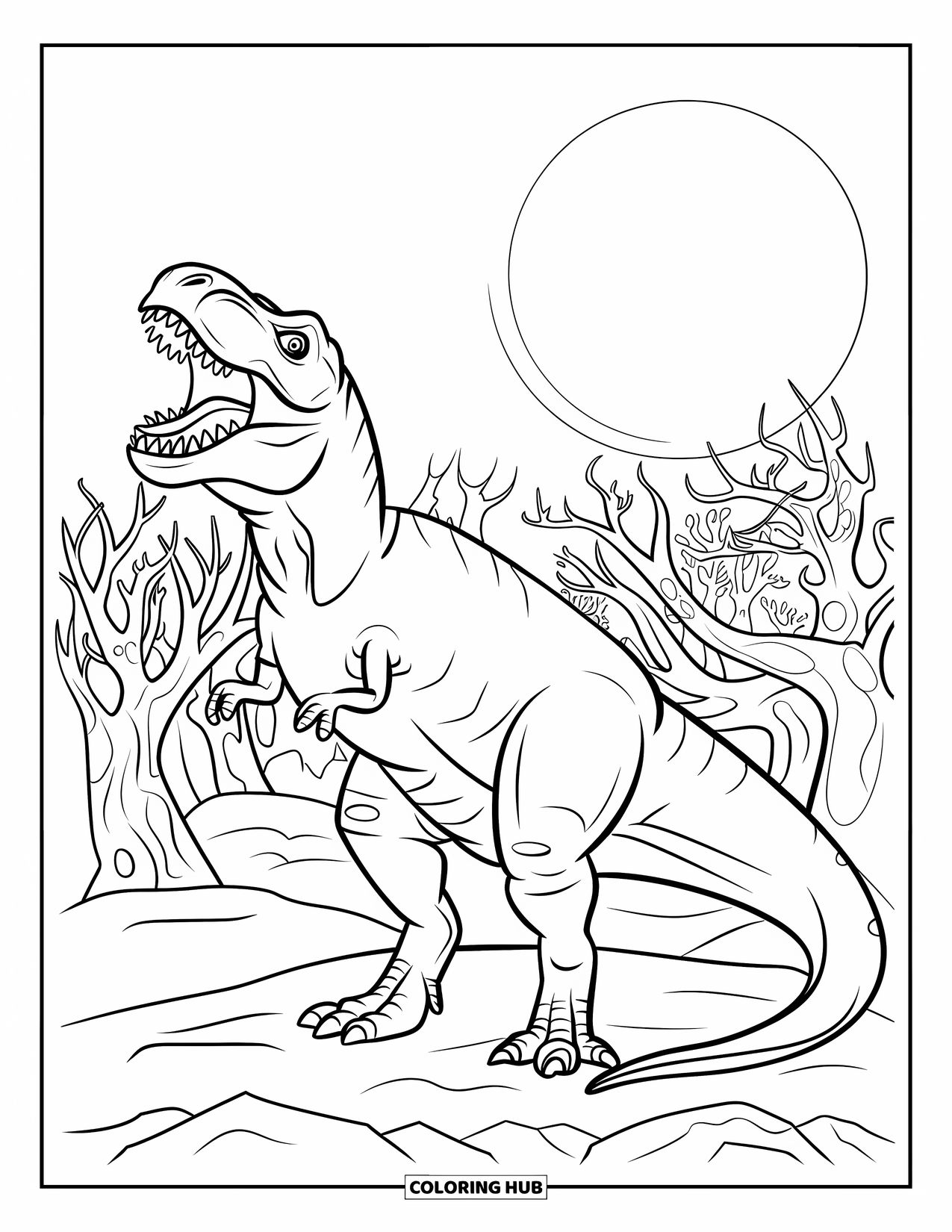 Halloween Dinosaur Coloring Page for Kids: A fierce T-Rex howls at the moon near creepy twisted trees