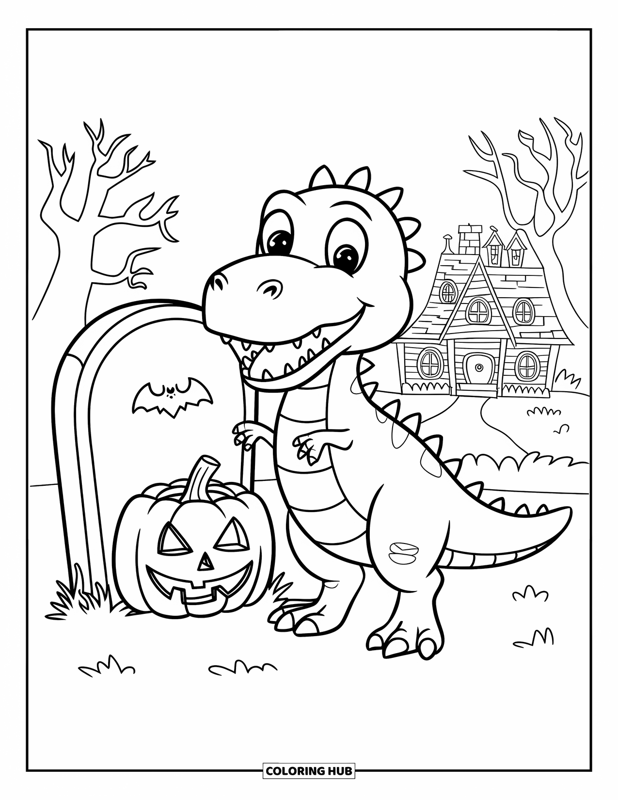 Halloween Dinosaur Coloring Page for Kids: A happy dinosaur stands beside a gravestone and pumpkin