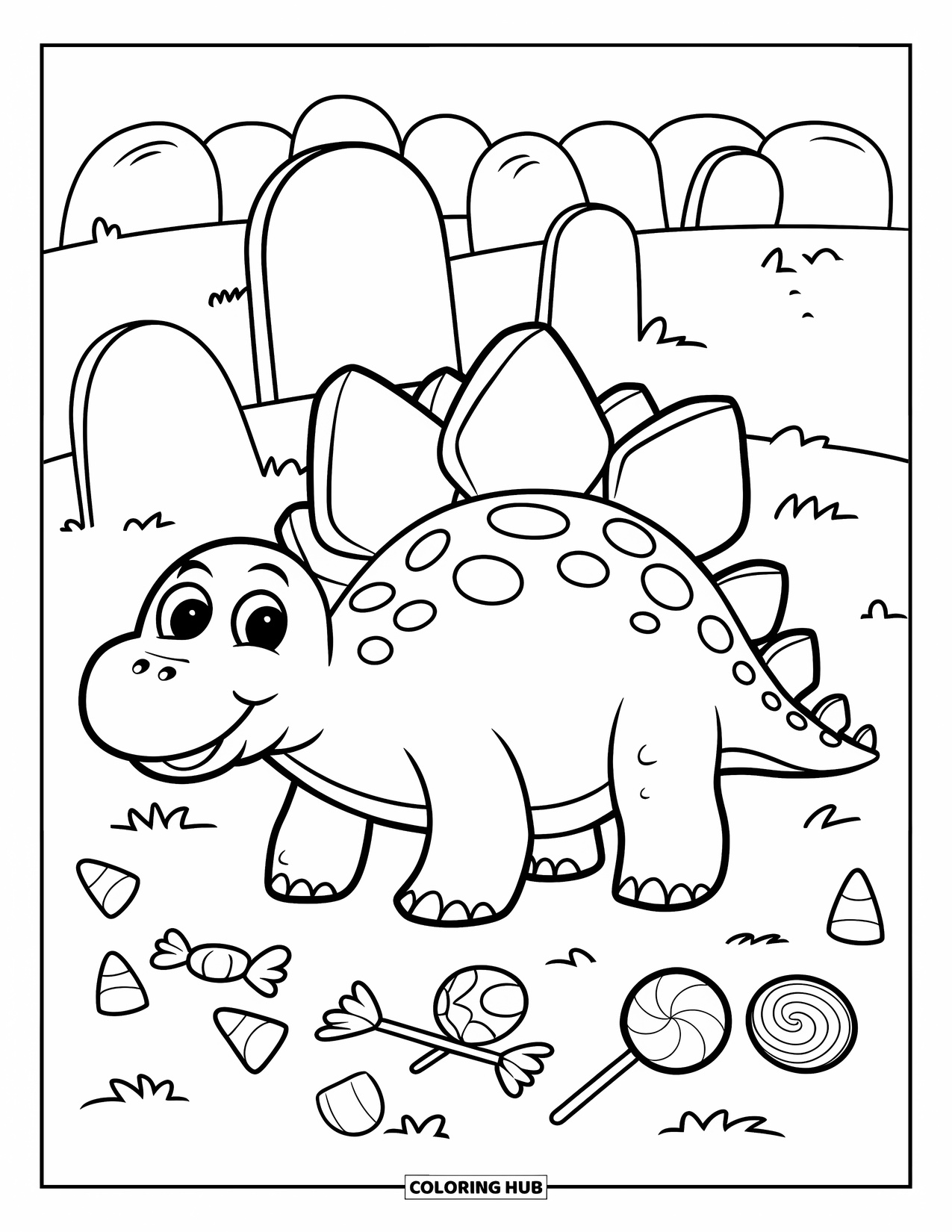 Halloween Dinosaur Coloring Page for Kids: A happy Stegosaurus sits beside candy in a graveyard