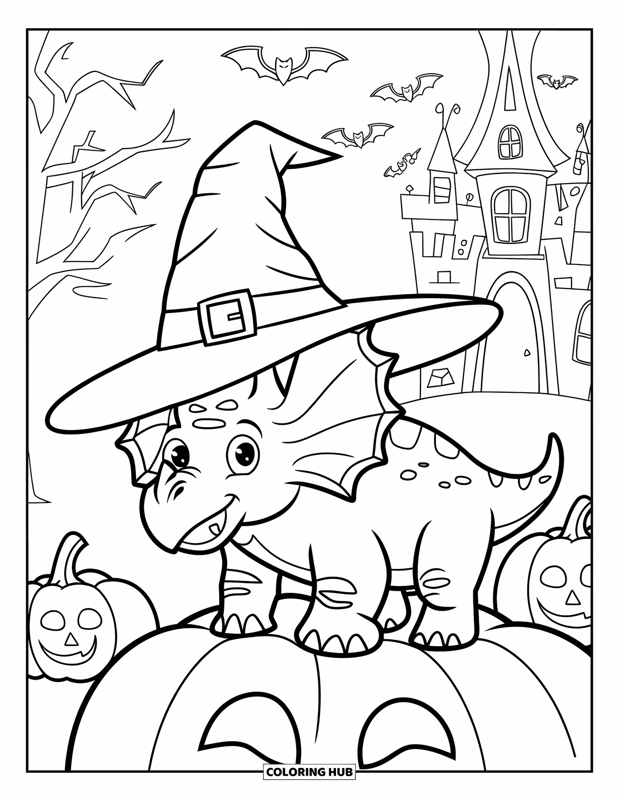 Halloween Dinosaur Coloring Page for Kids: A happy Triceratops in a witch hat stands on a pumpkin near a castle