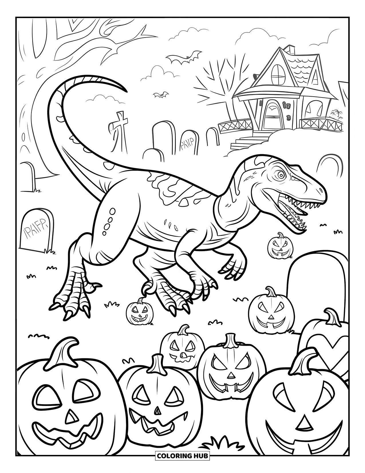 Halloween Dinosaur Coloring Page for Kids: A hat-wearing raptor leaps through fog past tombstones and pumpkins