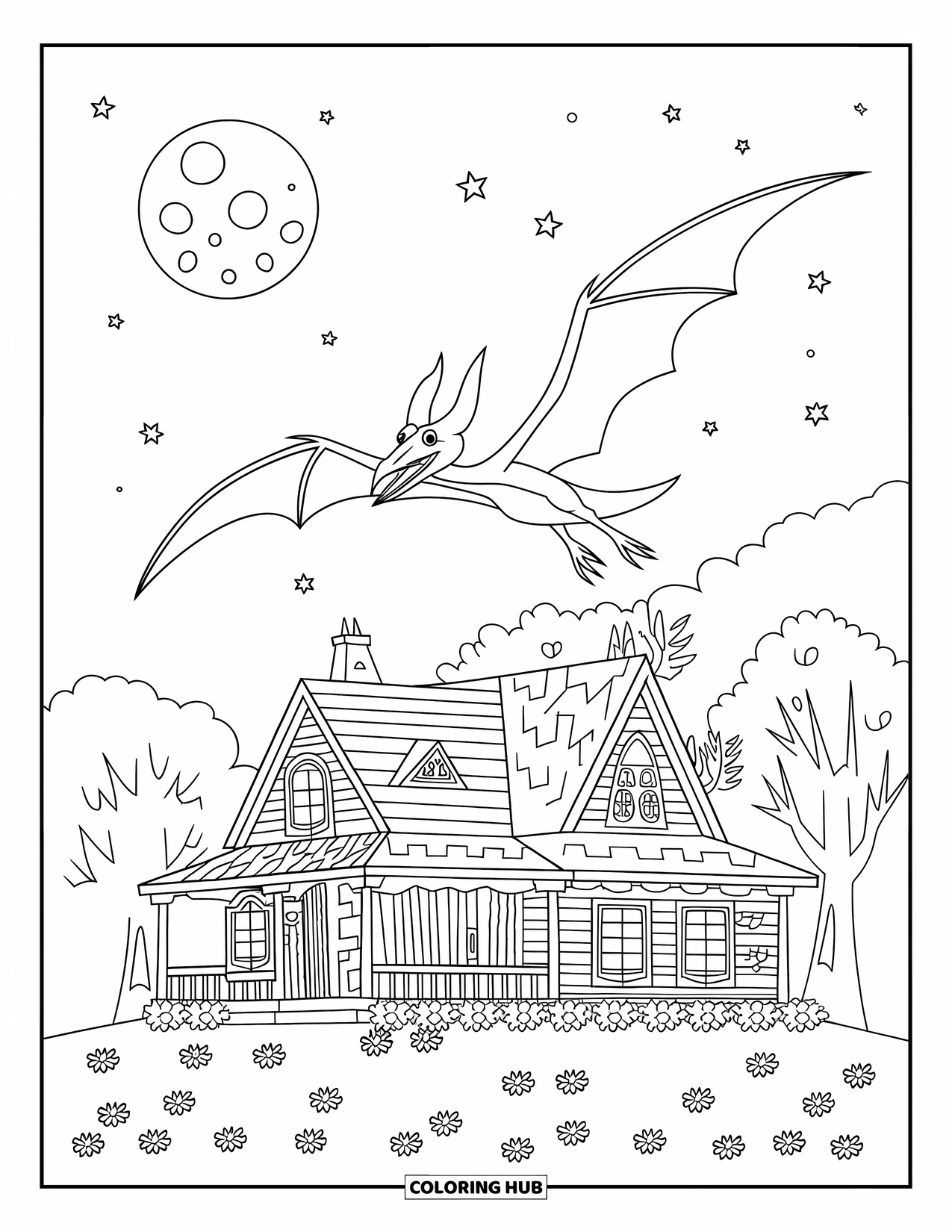 Halloween Dinosaur Coloring Page for Kids: A pterodactyl flies past a pointy-roofed house and clear starry sky