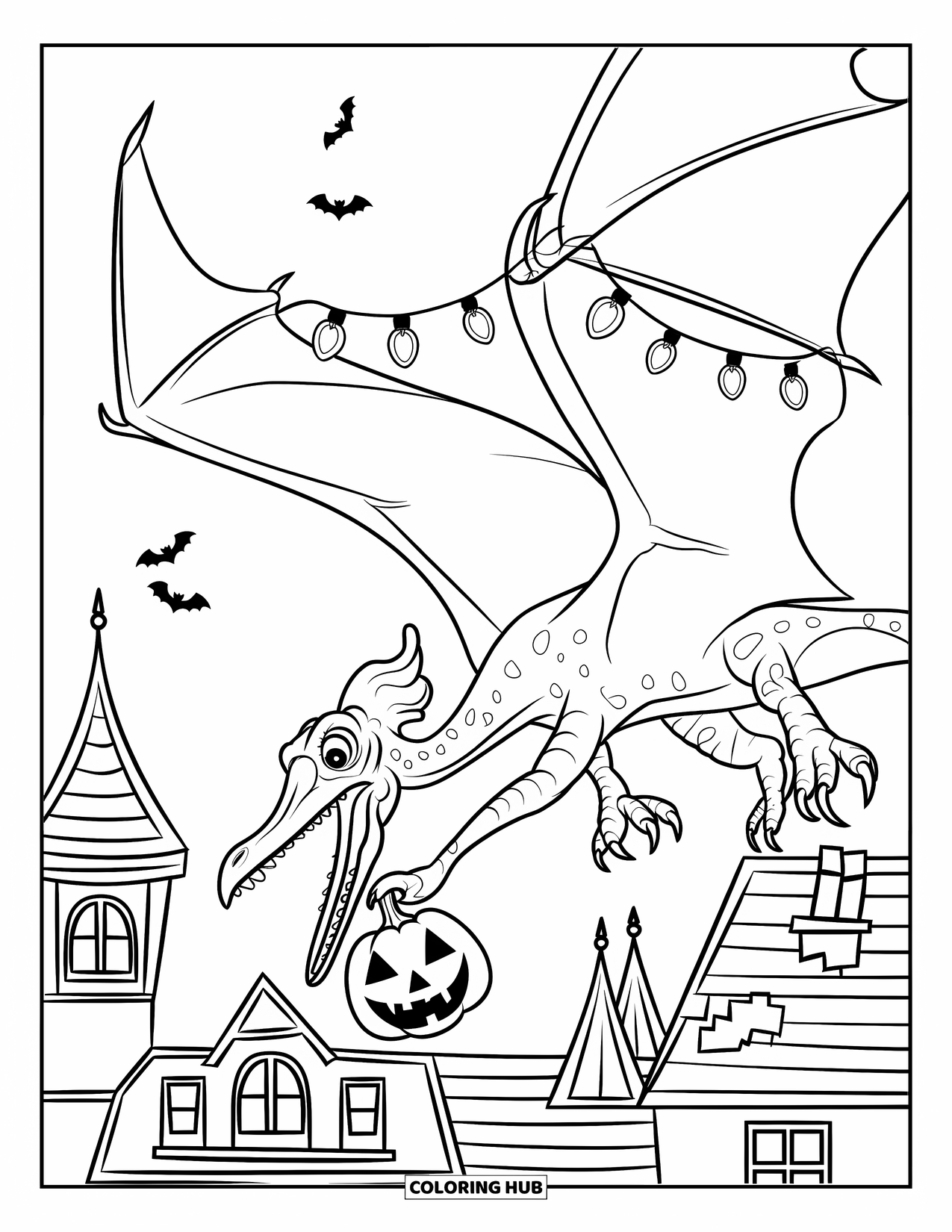 Halloween Dinosaur Coloring Page for Kids: A Pterodactyl with a pumpkin flies above rooftops near a haunted mansion