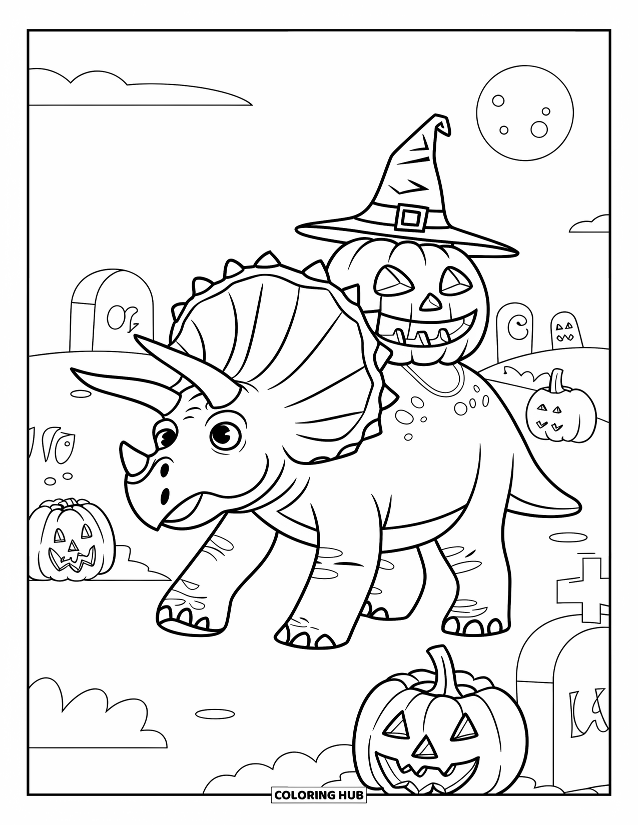 Halloween Dinosaur Coloring Page for Kids: A pumpkin-wearing Triceratops walks through gravestones under a full moon