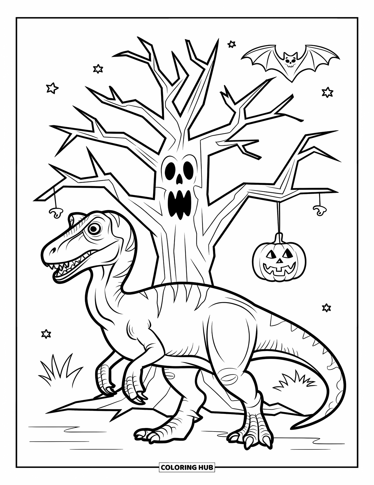 Halloween Dinosaur Coloring Page for Kids: A raptor stands beside a spooky tree with bones and stars