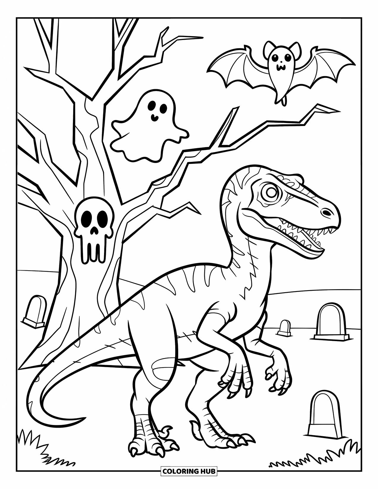 Halloween Dinosaur Coloring Page for Kids: A raptor stands near a haunted tree with ghosts and tombstones