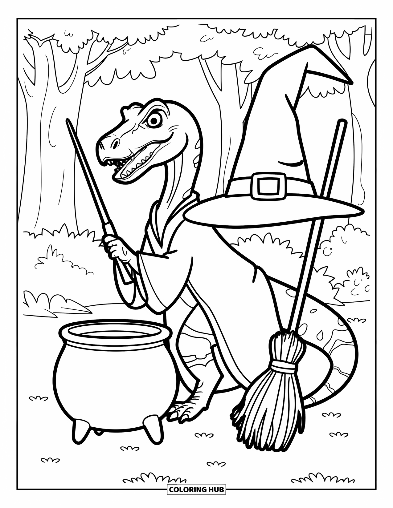 Halloween Dinosaur Coloring Page for Kids: A robed Velociraptor holds a wand near a cauldron in a forest