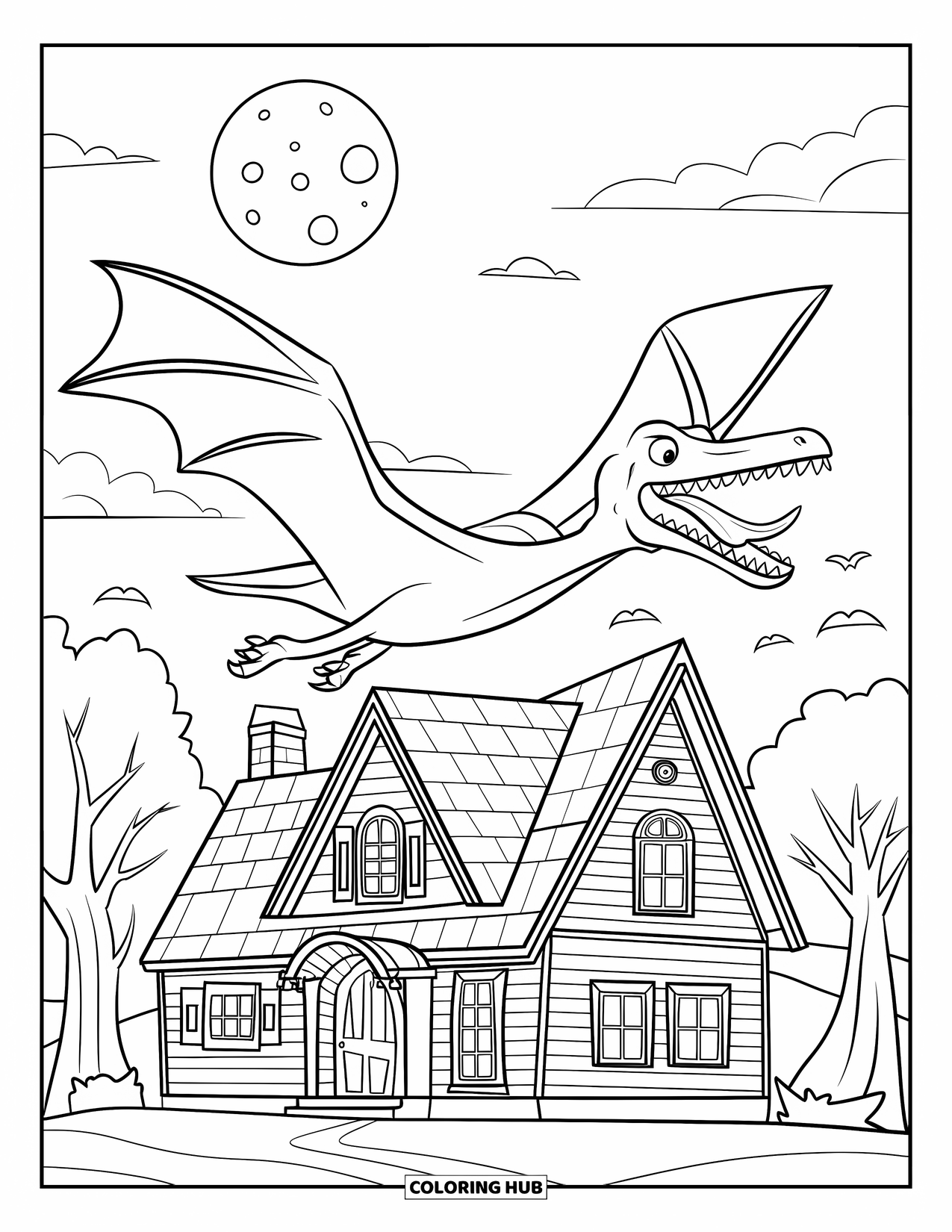 Halloween Dinosaur Coloring Page for Kids: A sharp-toothed pterodactyl flies over a house with clouds and trees