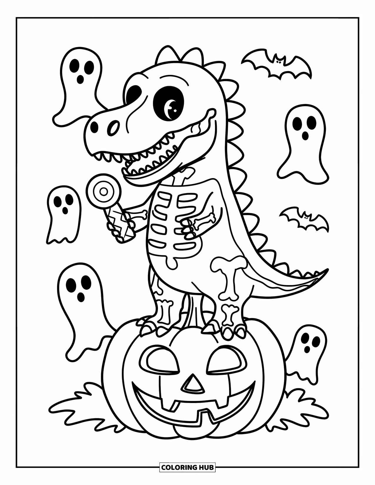Halloween Dinosaur Coloring Page for Kids: A skeleton-costume dinosaur stands on a pumpkin holding candy