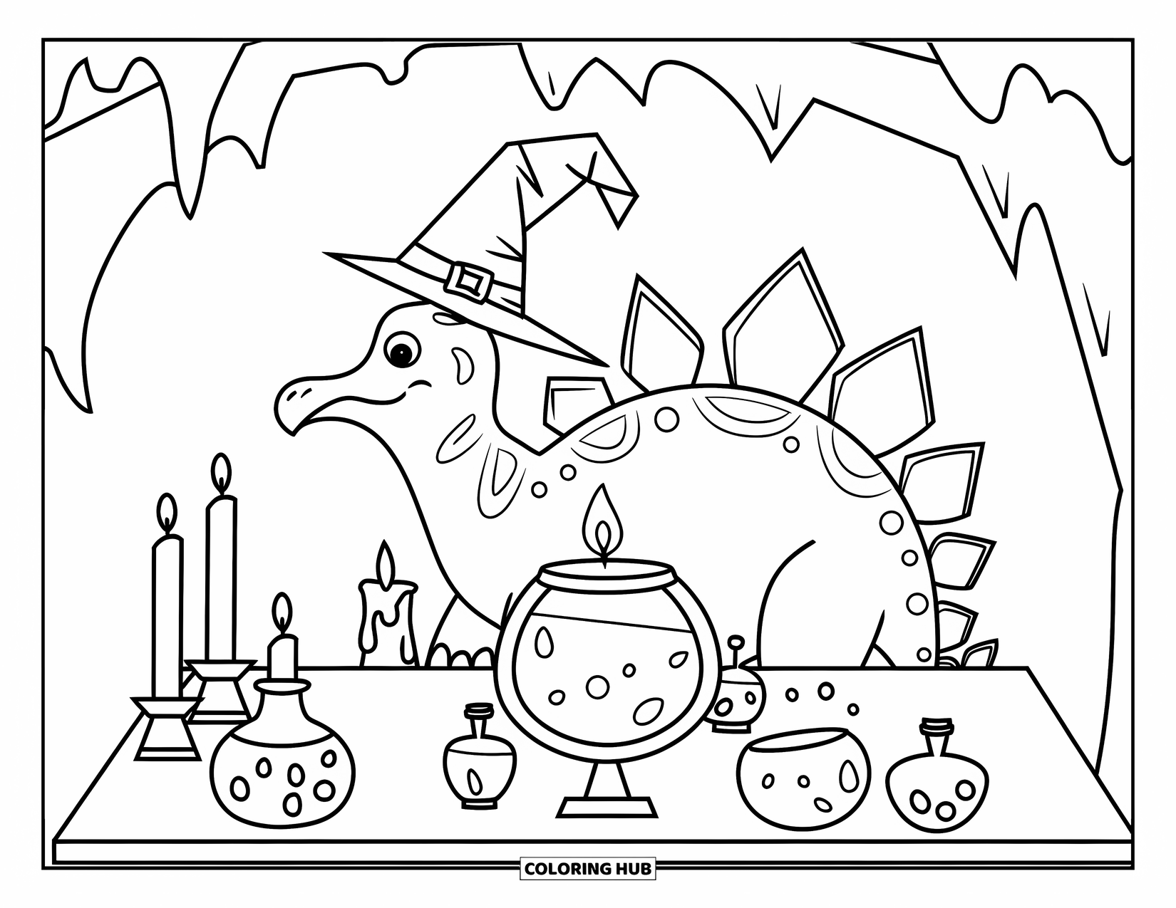 Halloween Dinosaur Coloring Page for Kids: A smiling Stegosaurus brews potions at a candlelit table in a dark cave
