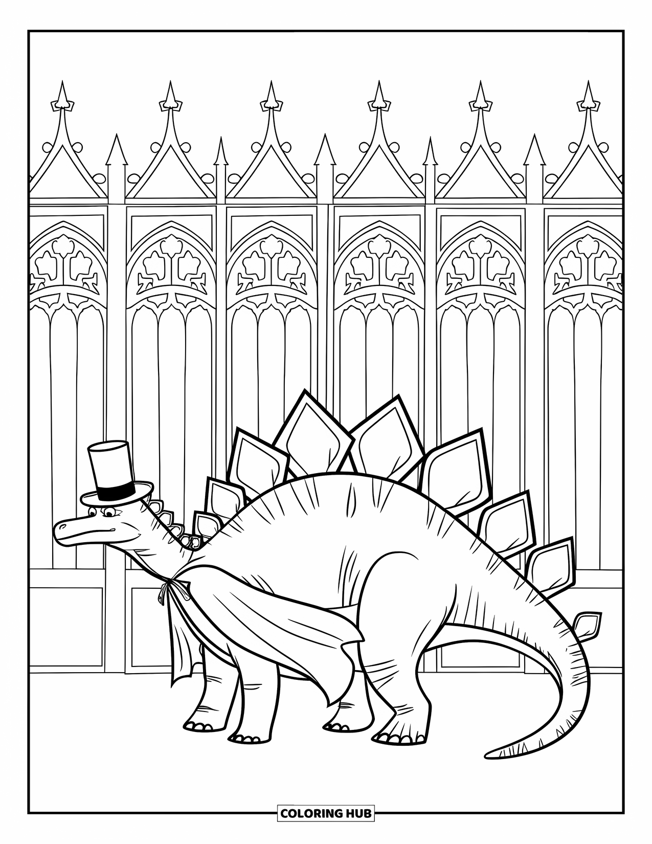 Halloween Dinosaur Coloring Page for Kids: A Stegosaurus in a cape and top hat stands at a gothic gate